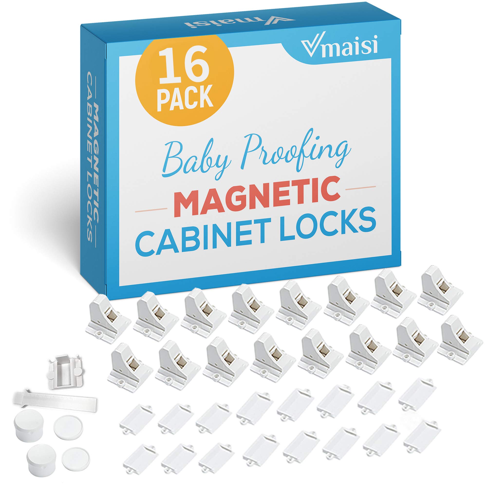 Vmaisi 16-pack magnetic cabinet locks with installation template for comprehensive whole-house childproofing