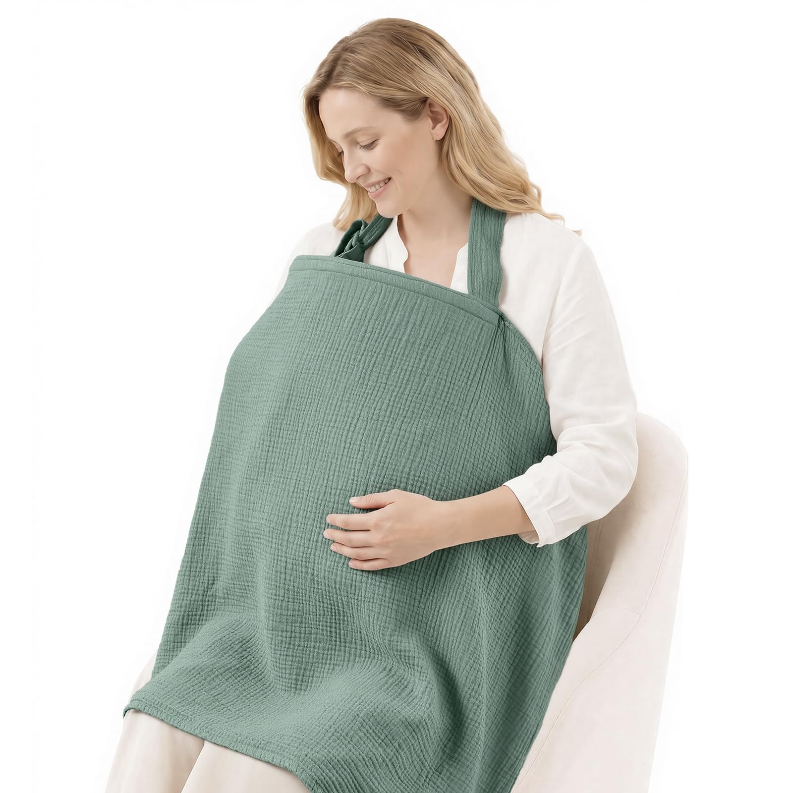 Blissful Diary muslin nursing cover in Roman Green showing breathable fabric and arch neckline design for breastfeeding privacy