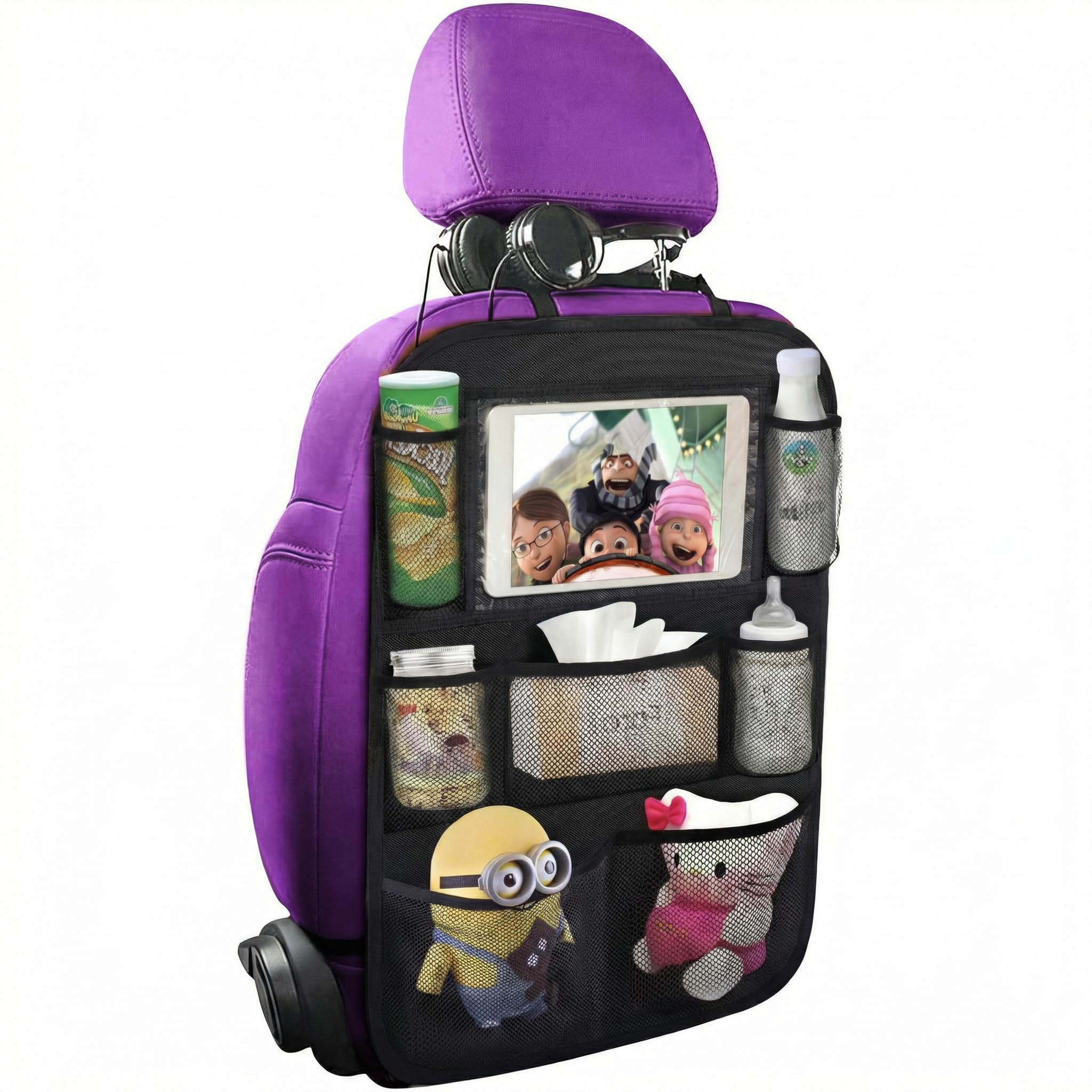 Backseat car organizer with tablet holder and multiple storage pockets mounted on vehicle seat