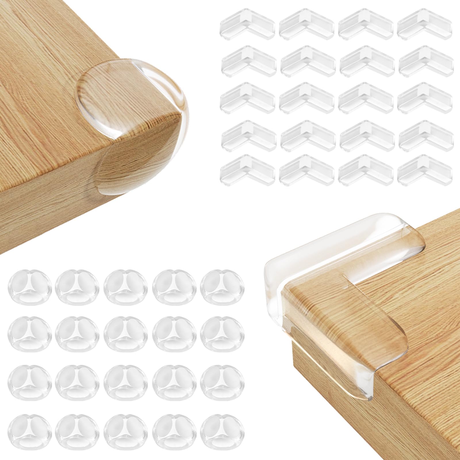 Clear spherical and L-shaped baby corner protectors for furniture