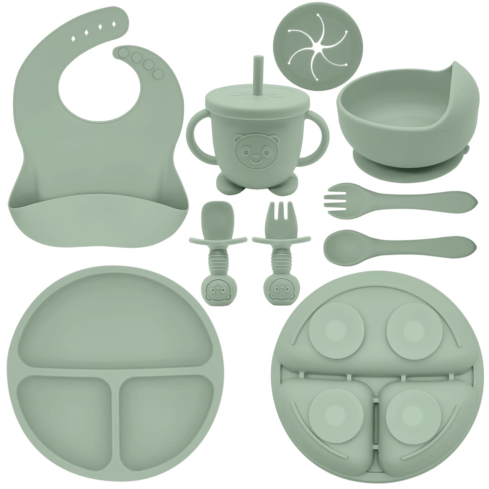 Munlinder silicone baby feeding set with plate, bowl, bib, cup, spoon, and fork