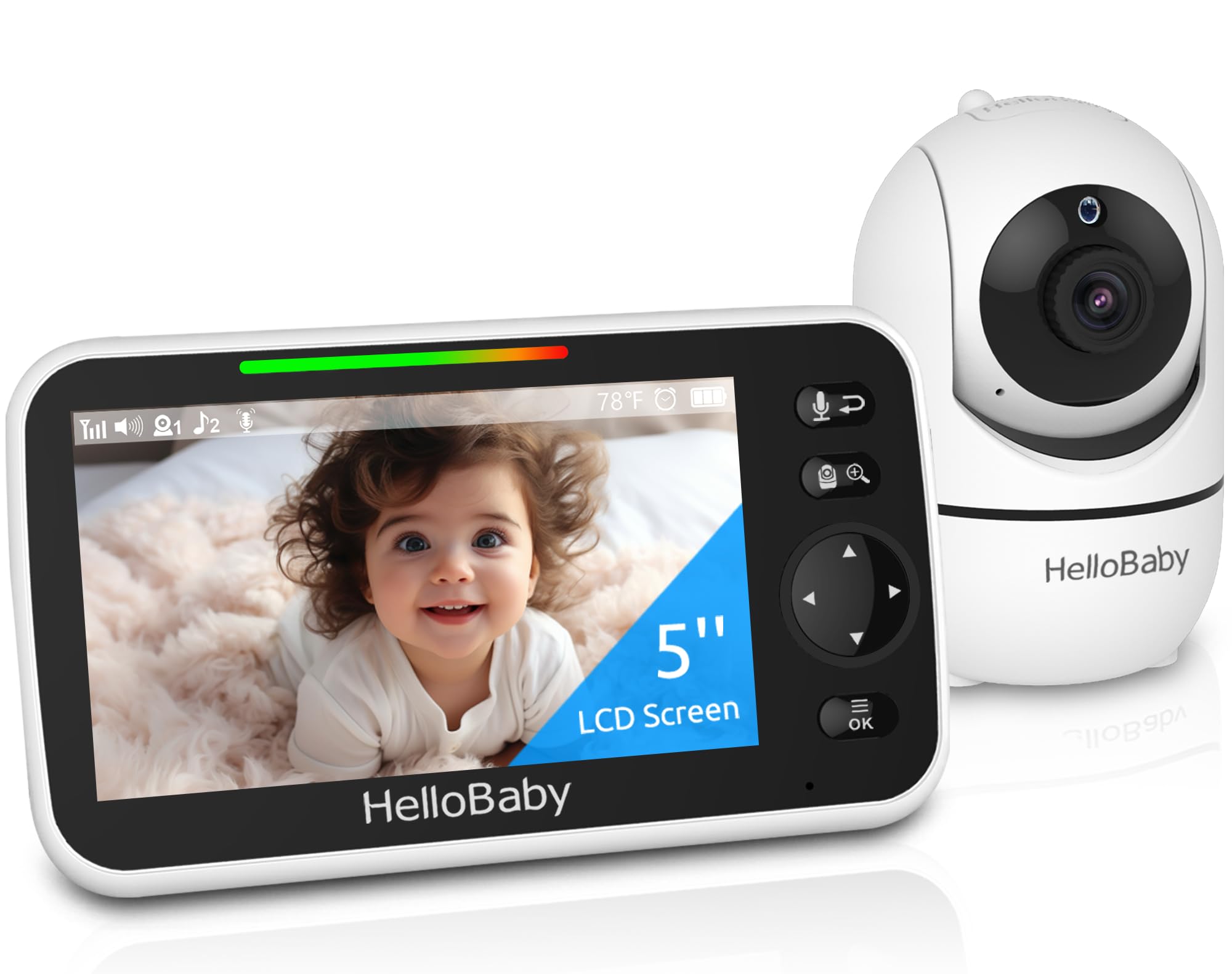 HelloBaby 5 inch screen baby monitor with pan-tilt-zoom and 1000ft range