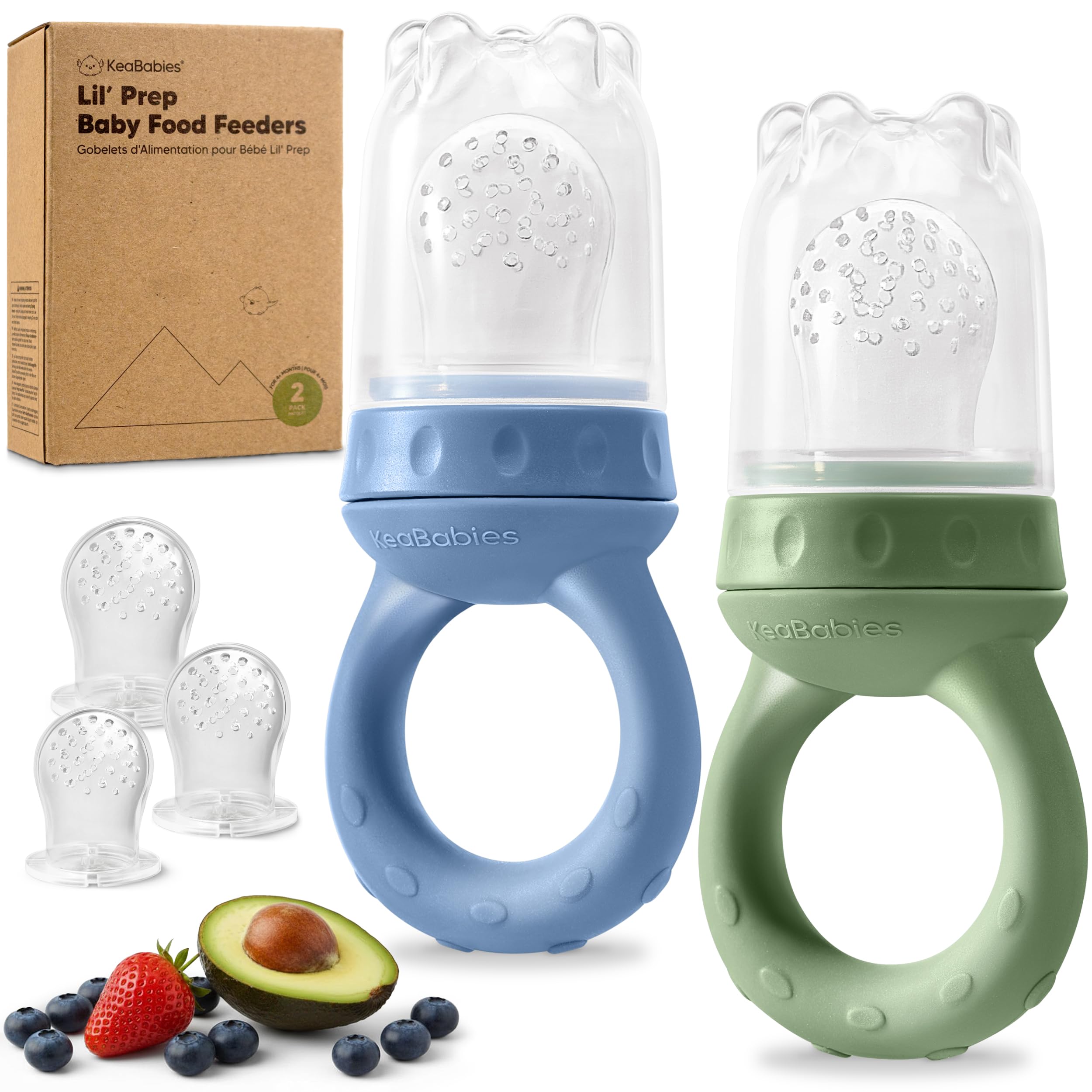 KeaBabies Baby Fruit Feeder showing silicone teat design and stage-based sizing for safe self-feeding