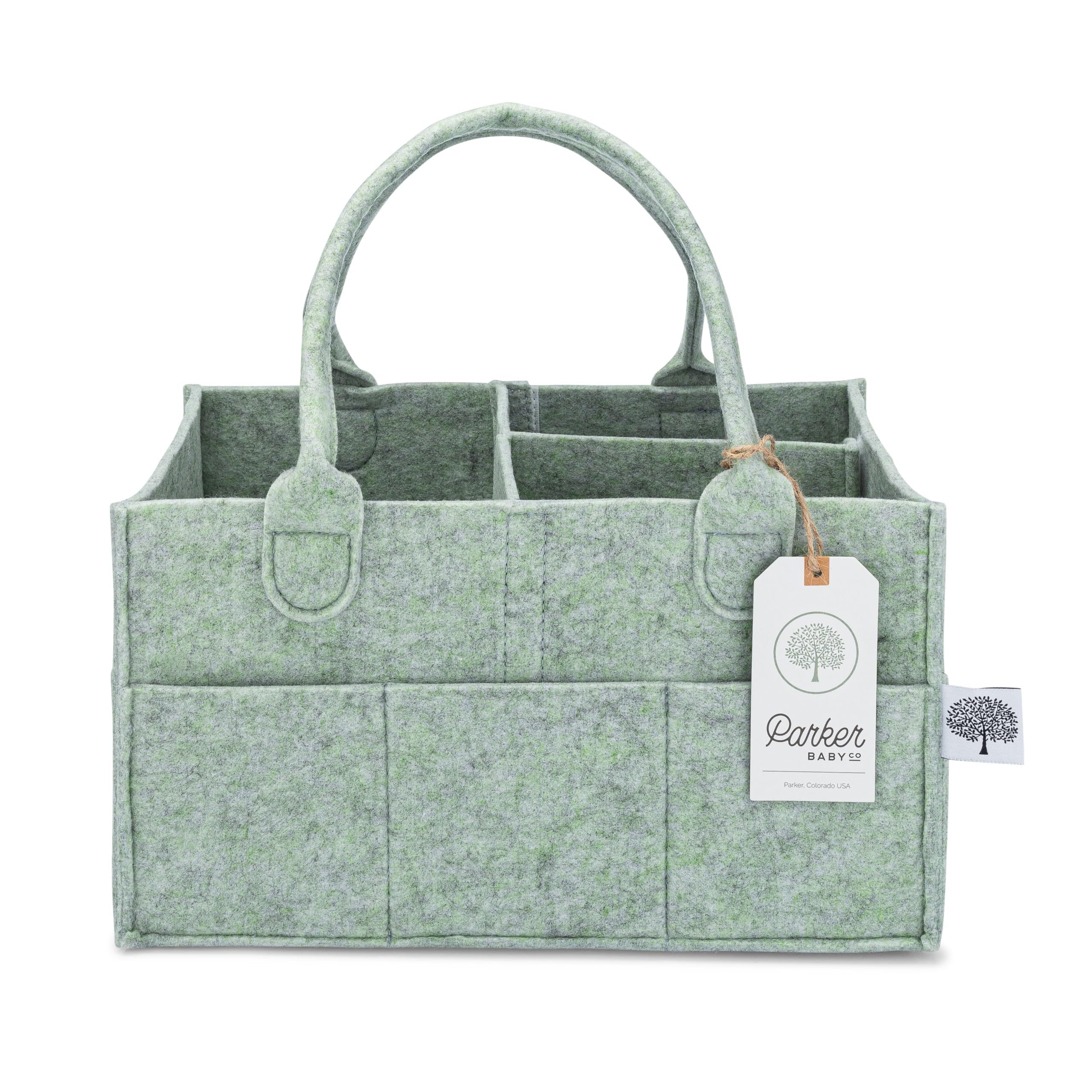 Parker Baby Co. Felt Diaper Caddy Organizer in Sage, Regular size with baby essentials inside