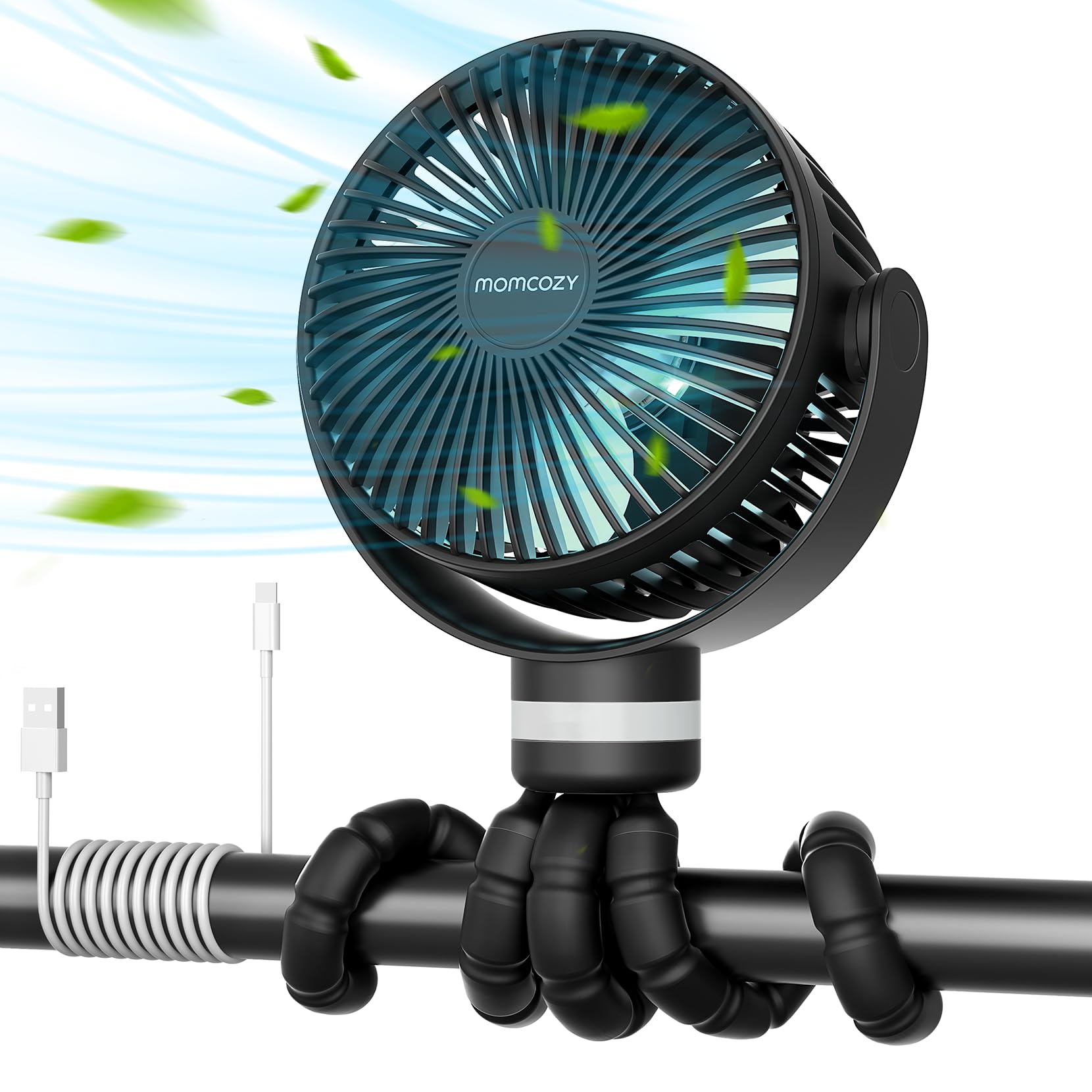 Momcozy 8000mAh Portable Stroller Fan with flexible tripod and LED night light