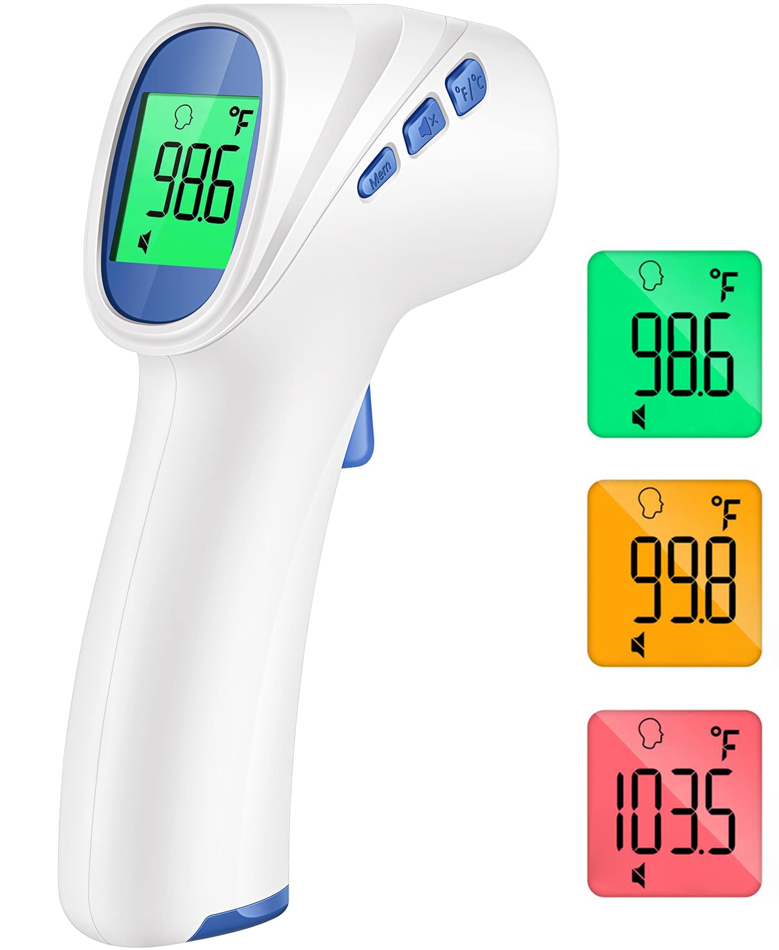 GoodBaby forehead thermometer with LCD display showing temperature reading and fever alarm colors