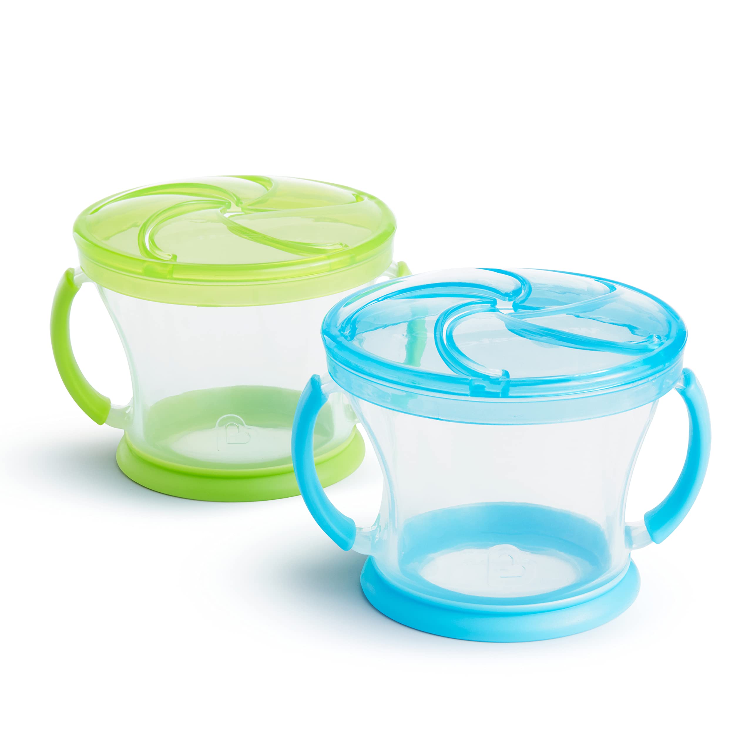 Munchkin Snack Catcher cups in blue and green for toddler mess-free snacking