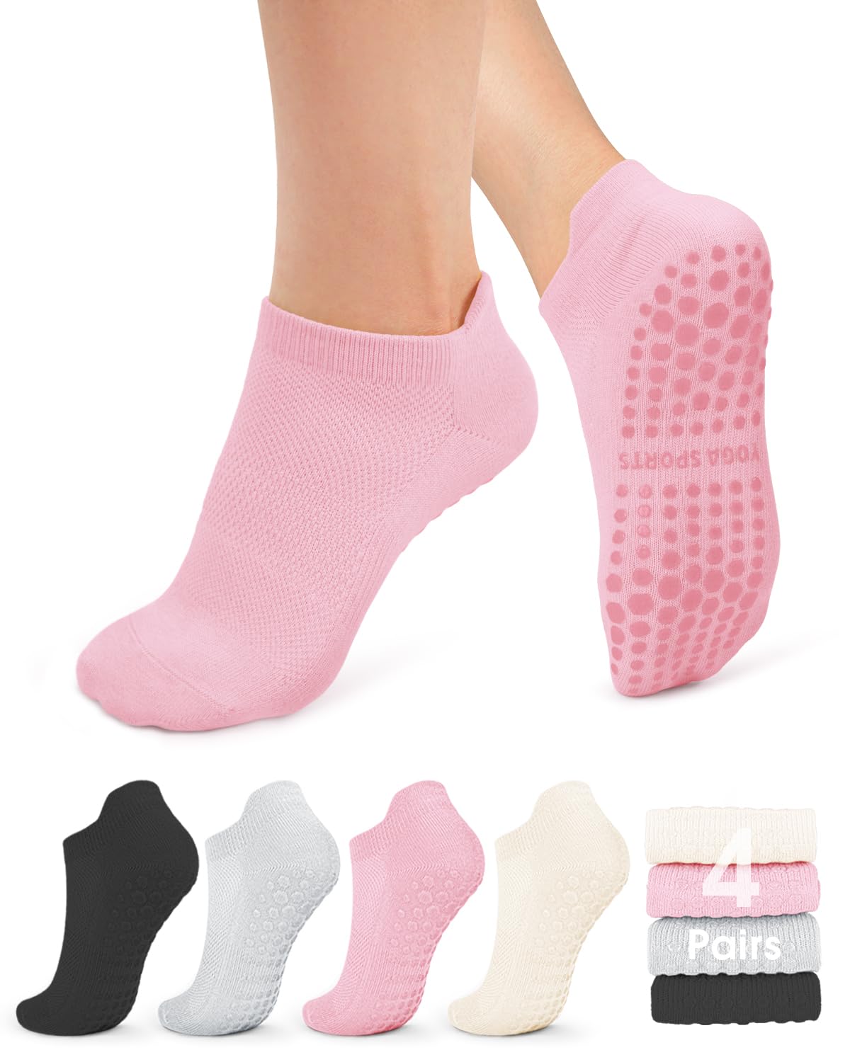 yeuG Pilates Socks for Women with non-slip grips, 4-pair pack