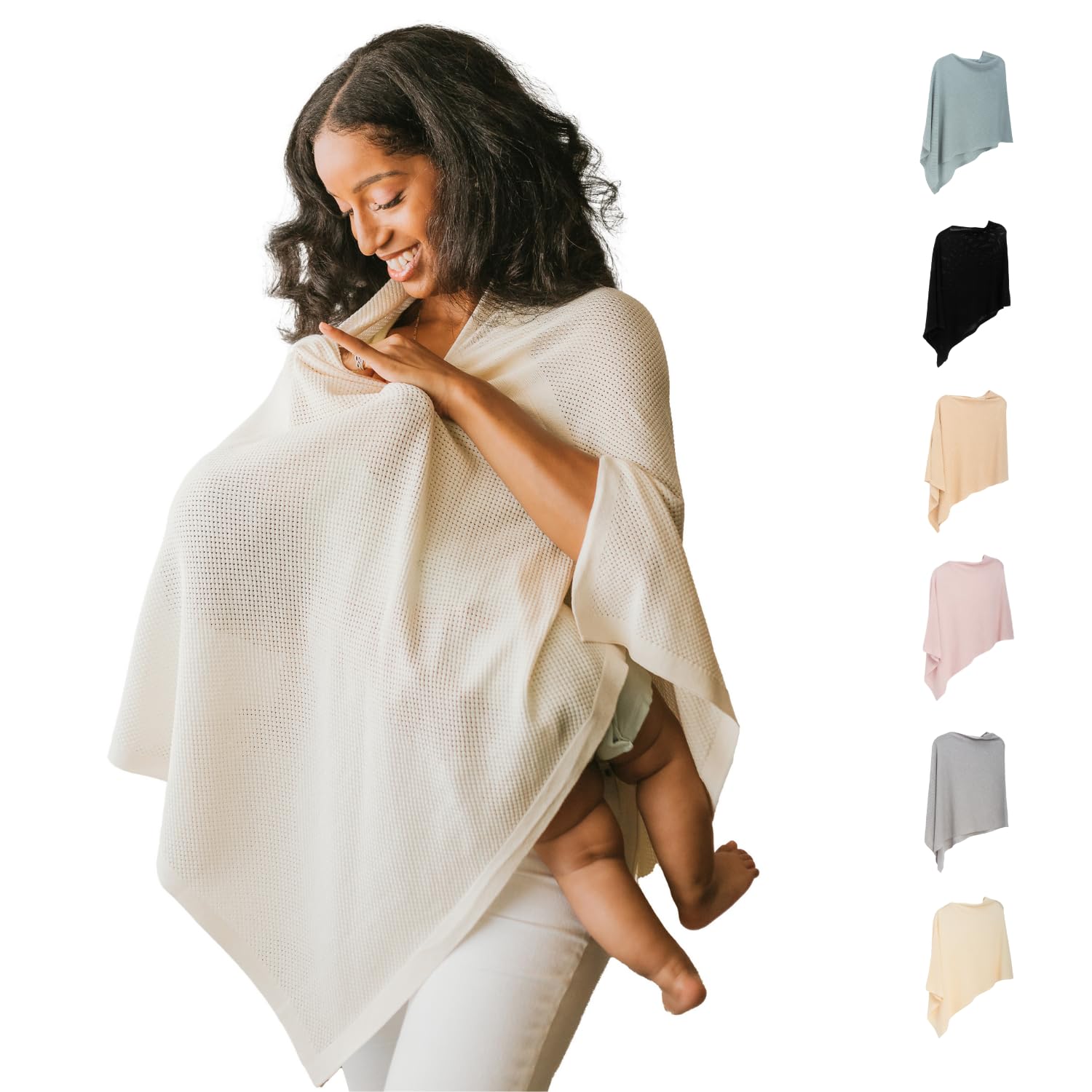 Gold Mamas poncho-style nursing cover draping naturally over shoulders for hands-free breastfeeding coverage