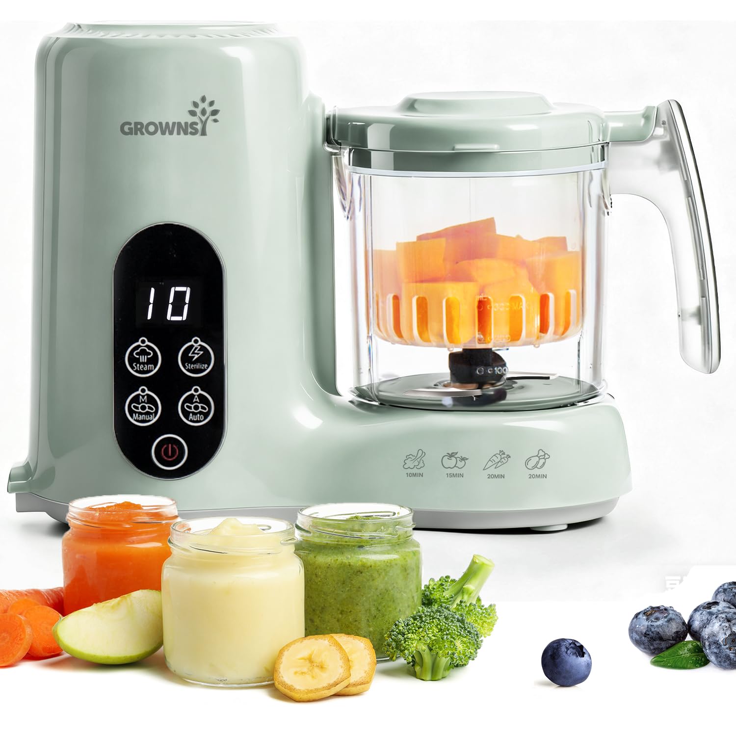 Green baby food maker with steam basket and blending container for homemade baby purees