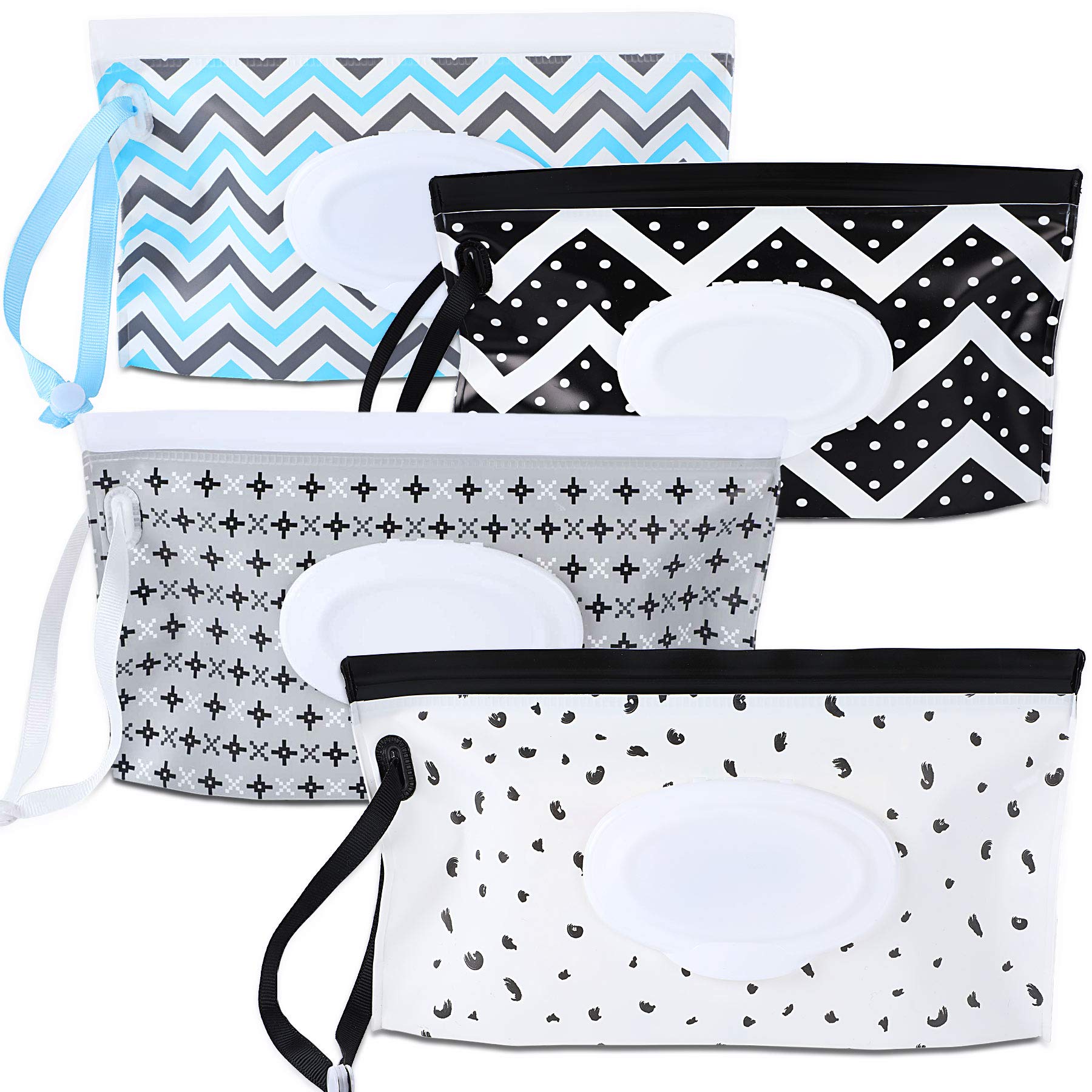 FEBSNOW 4-pack geometric baby wipe pouches with wrist straps