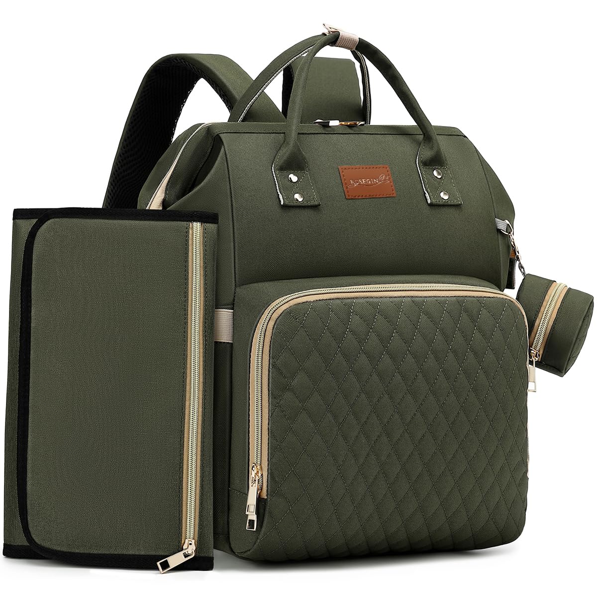 ROSEGIN Diaper Bag Backpack in Army Green with quilted design and multiple pockets