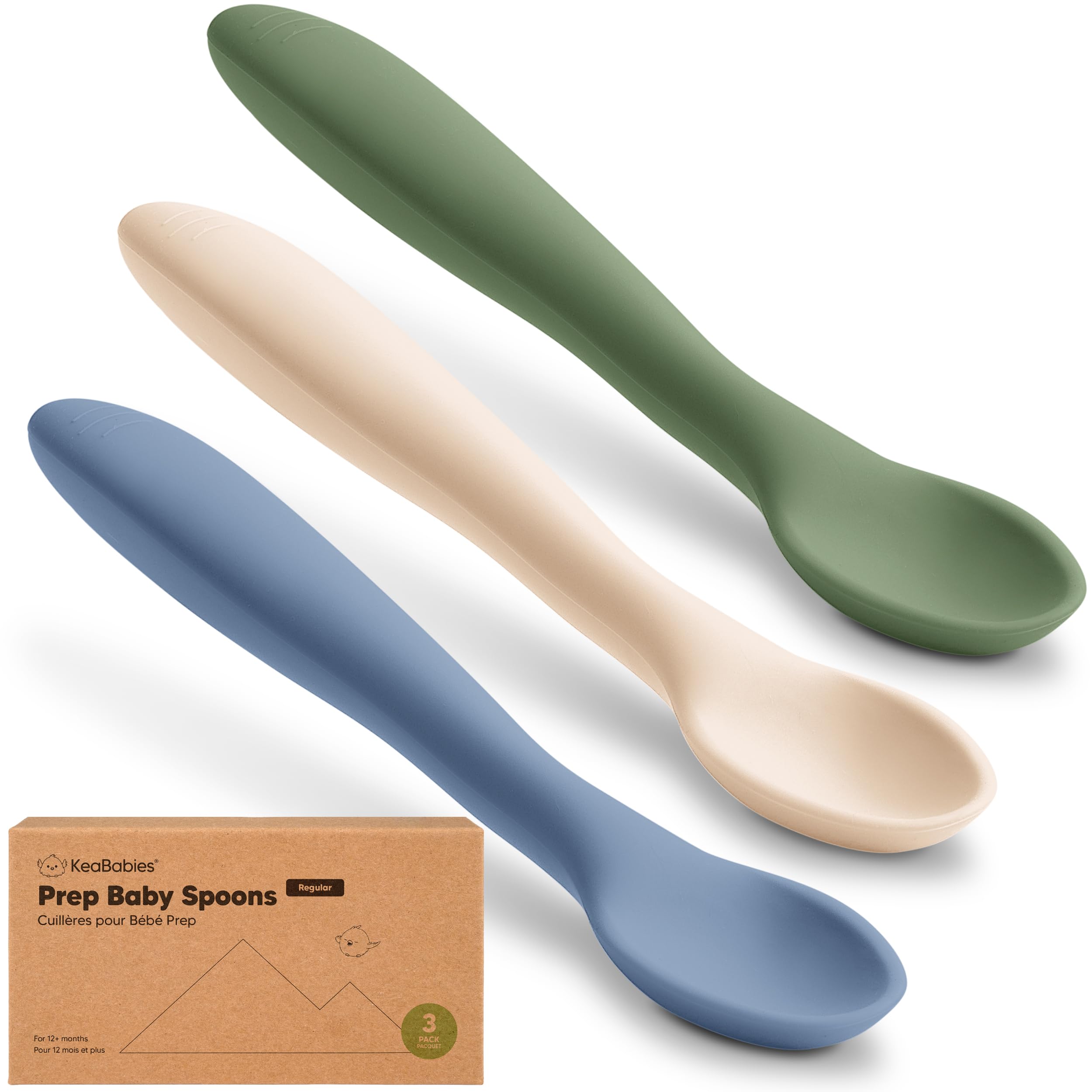KeaBabies Silicone Baby Spoons 3-Pack in Slate color with ergonomic handles for self-feeding