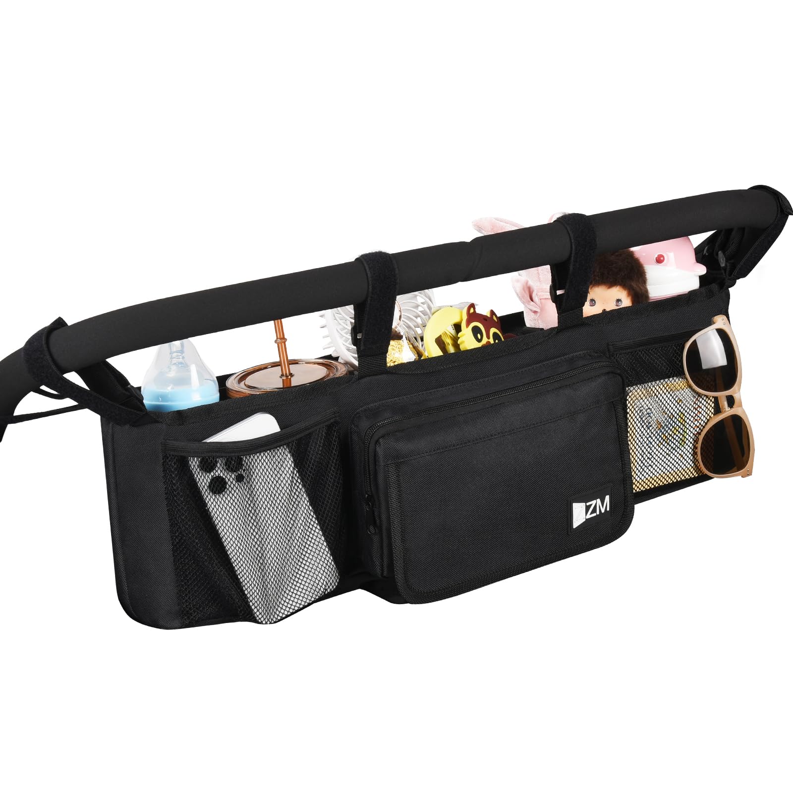 ZZM Double Stroller Organizer with six storage compartments and cooler pockets