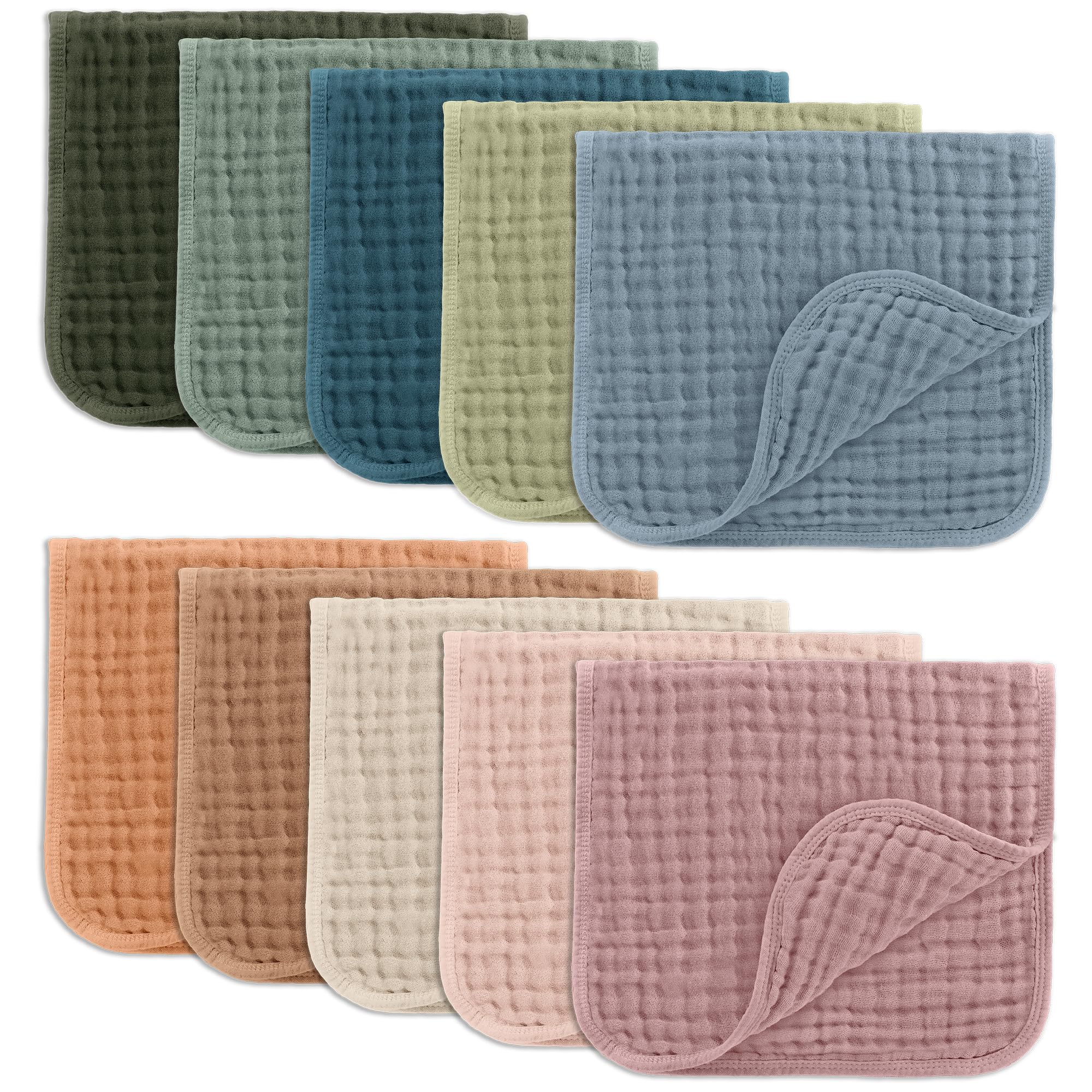 Comfy Cubs Muslin Burp Cloths 10-pack with six-layer absorbent cotton construction