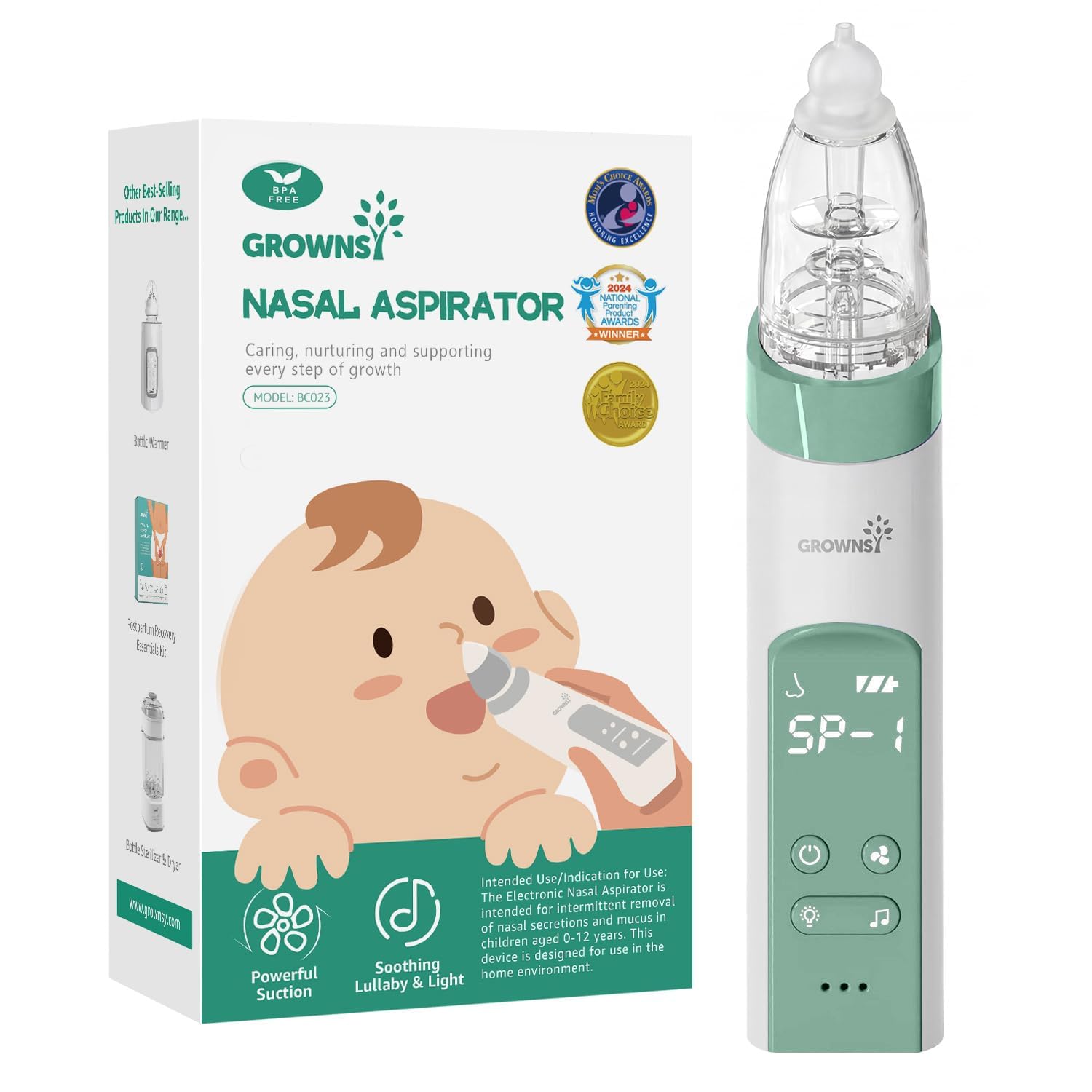 GROWNSY electric nasal aspirator with silicone tips and rechargeable design