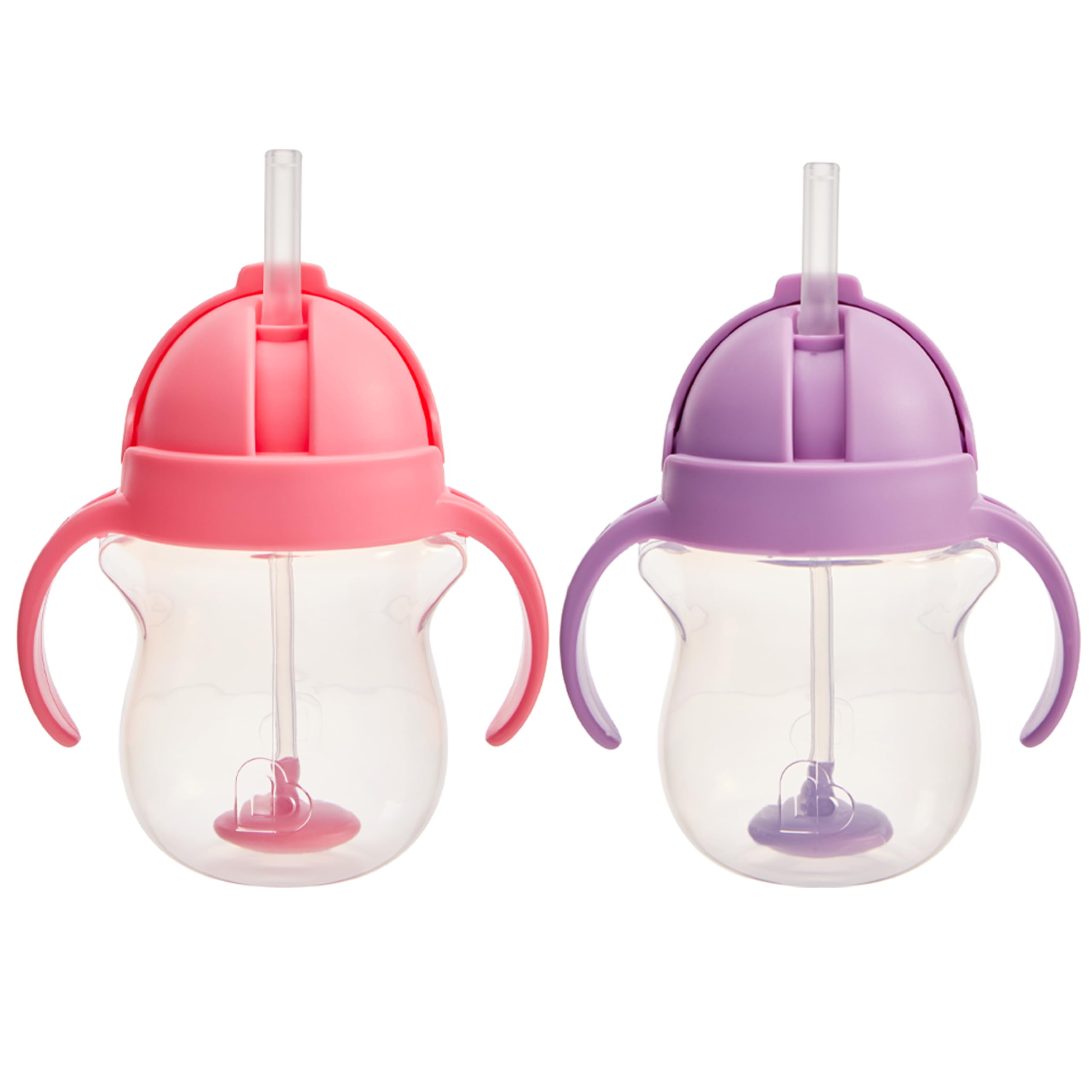 Munchkin Any Angle Sippy Cups with weighted straw and easy-grip handles in pink and purple