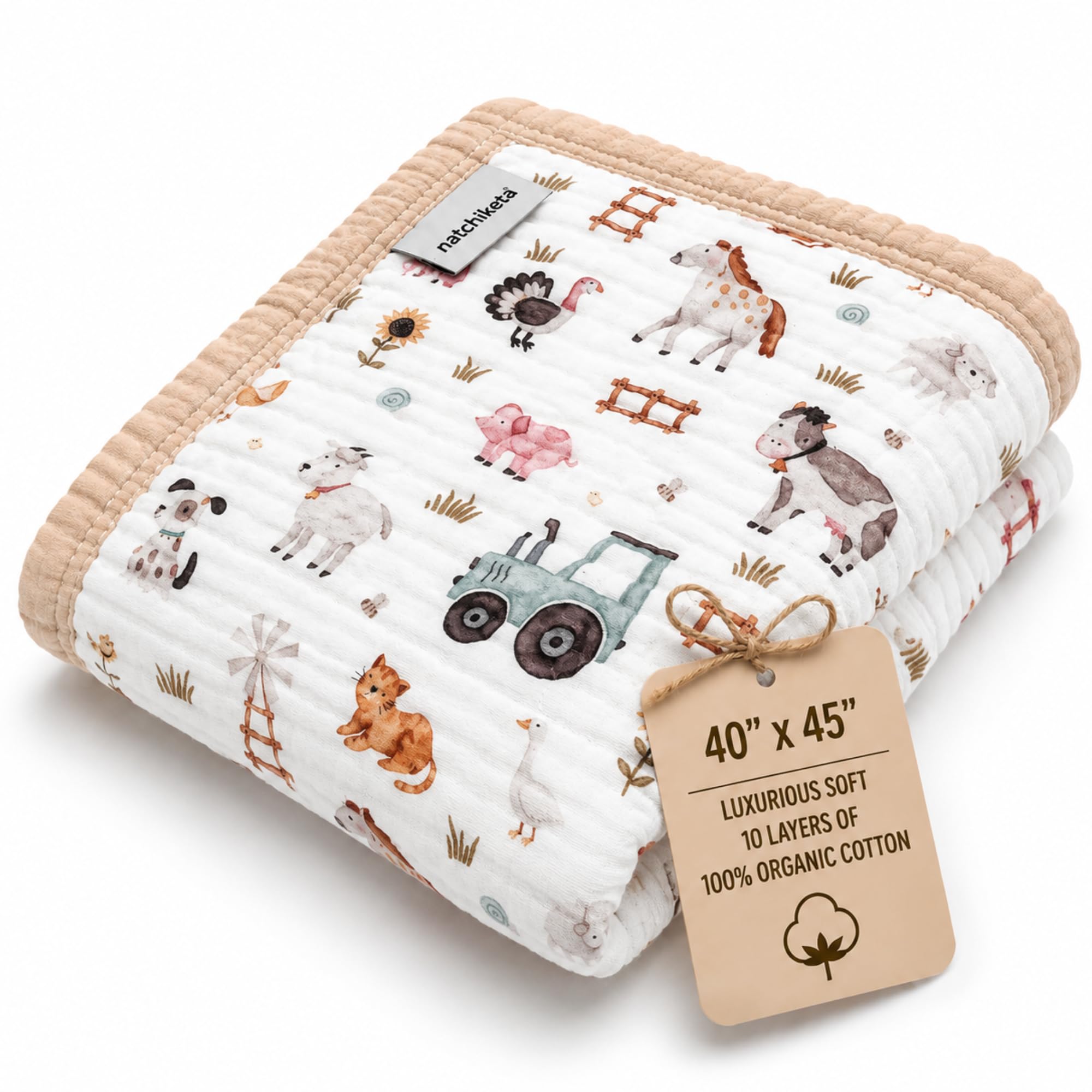 Ten-layer organic cotton muslin baby blanket with farm print, gender-neutral design