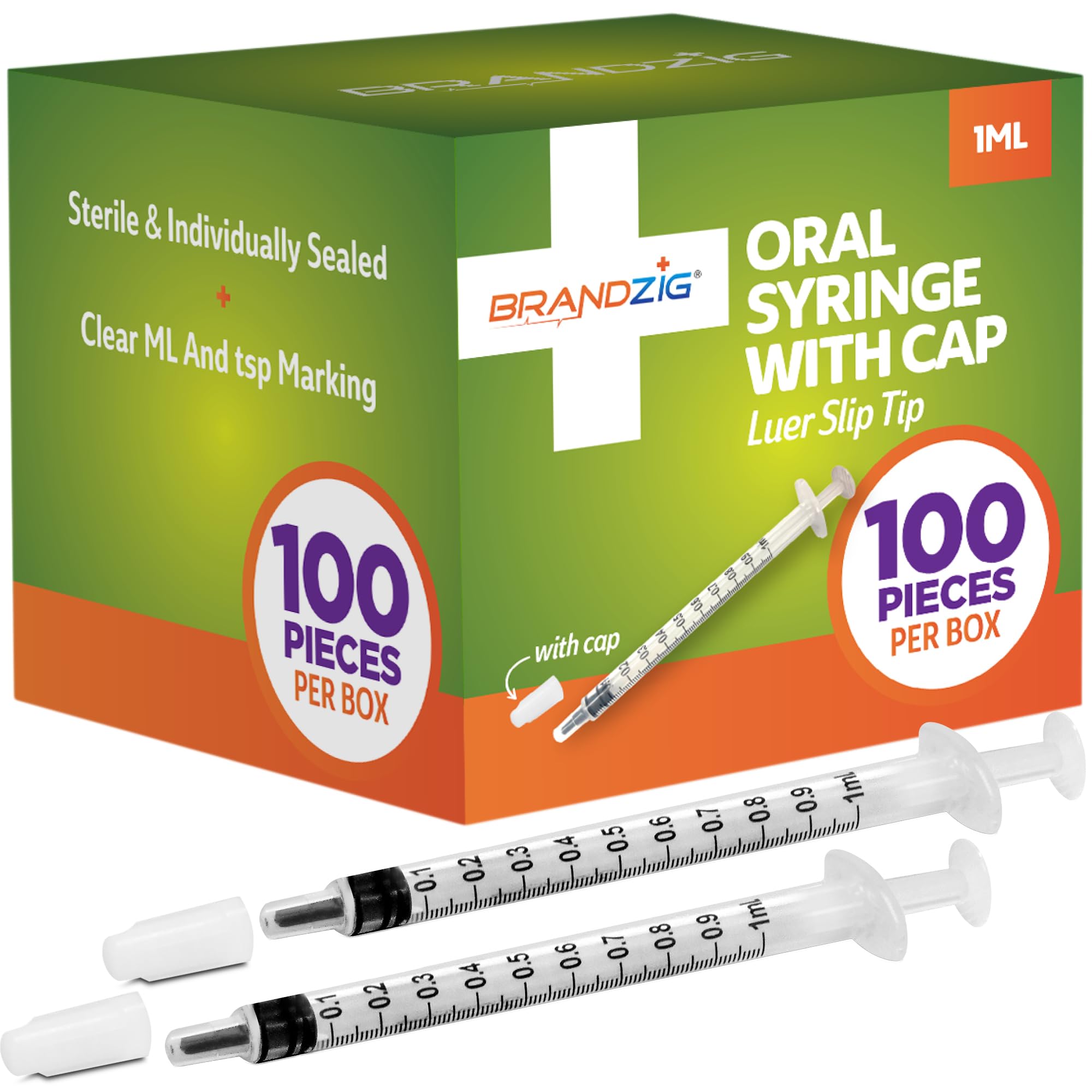 BRANDZIG 1ml Syringe with Cap (100 Pack) oral medicine dispenser for infants