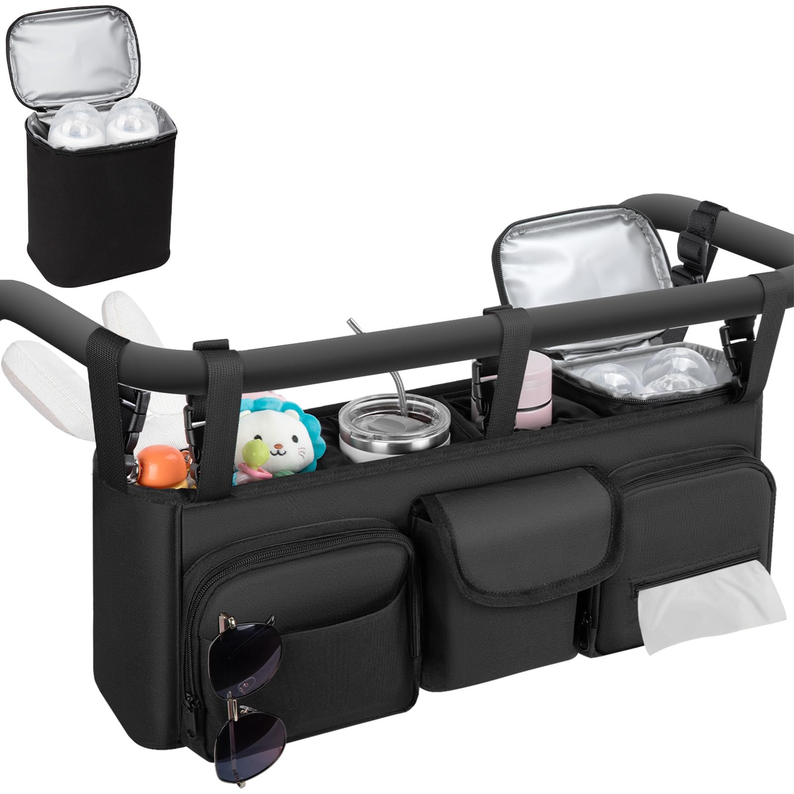 GDNasist double stroller organizer with removable insulated bottle bag