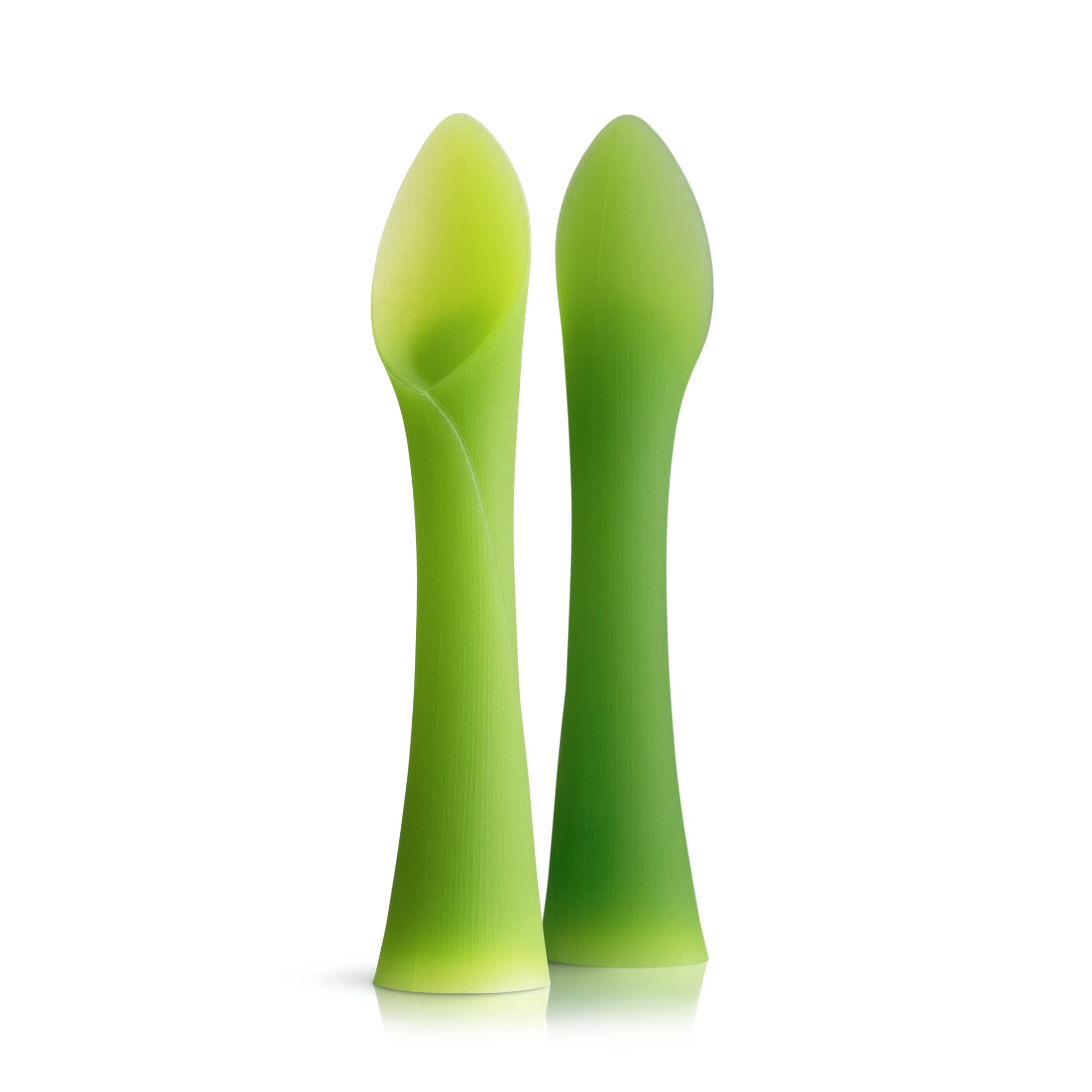 Olababy silicone training spoon with flexible leaf-shaped tip and ribbed stem for baby self-feeding