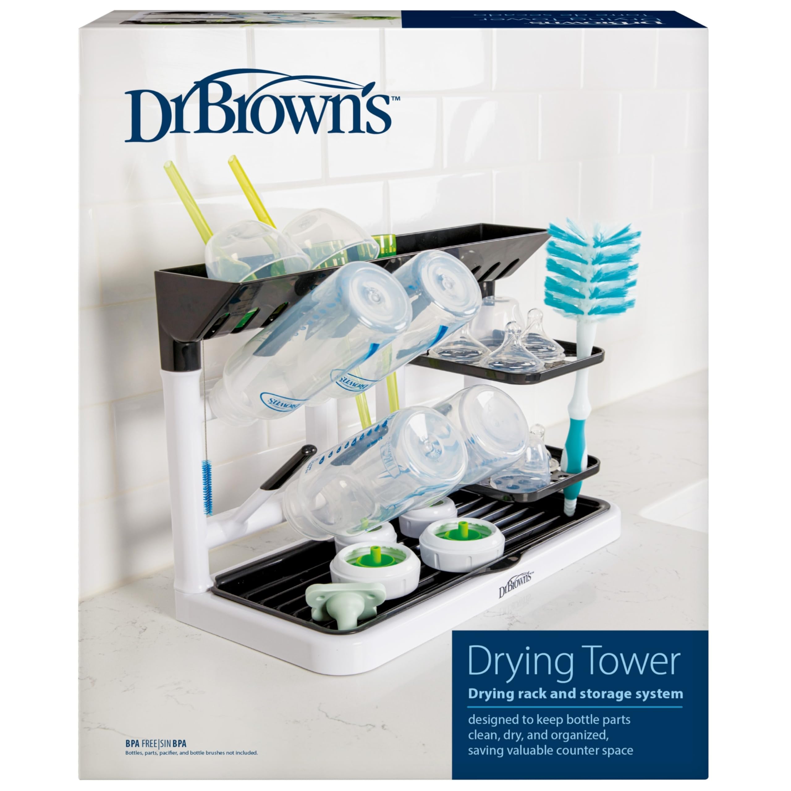 Dr. Brown's vertical drying tower with organized storage compartments and bottle brush holder for countertop use