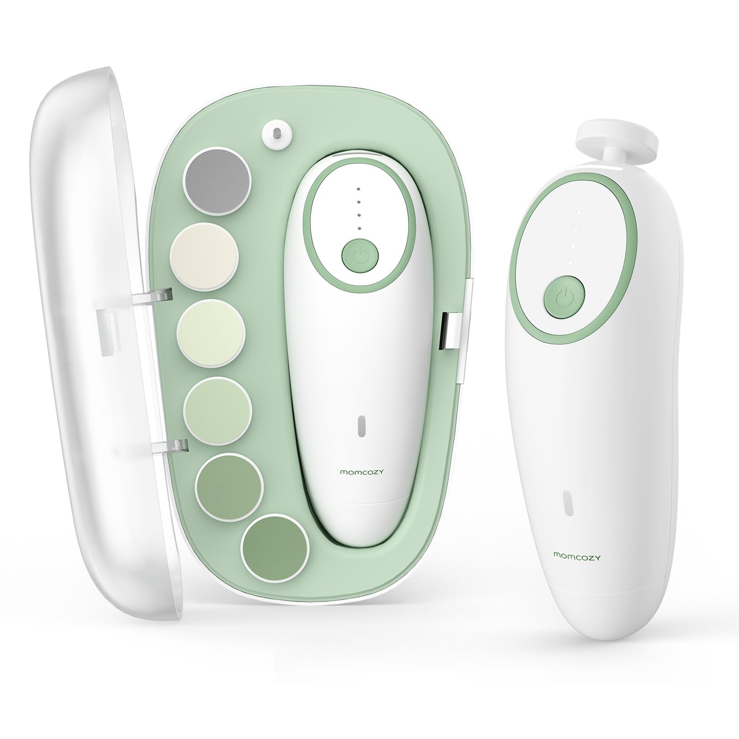 Momcozy electric baby nail file with LED light and multiple grinding head attachments for newborn nail care