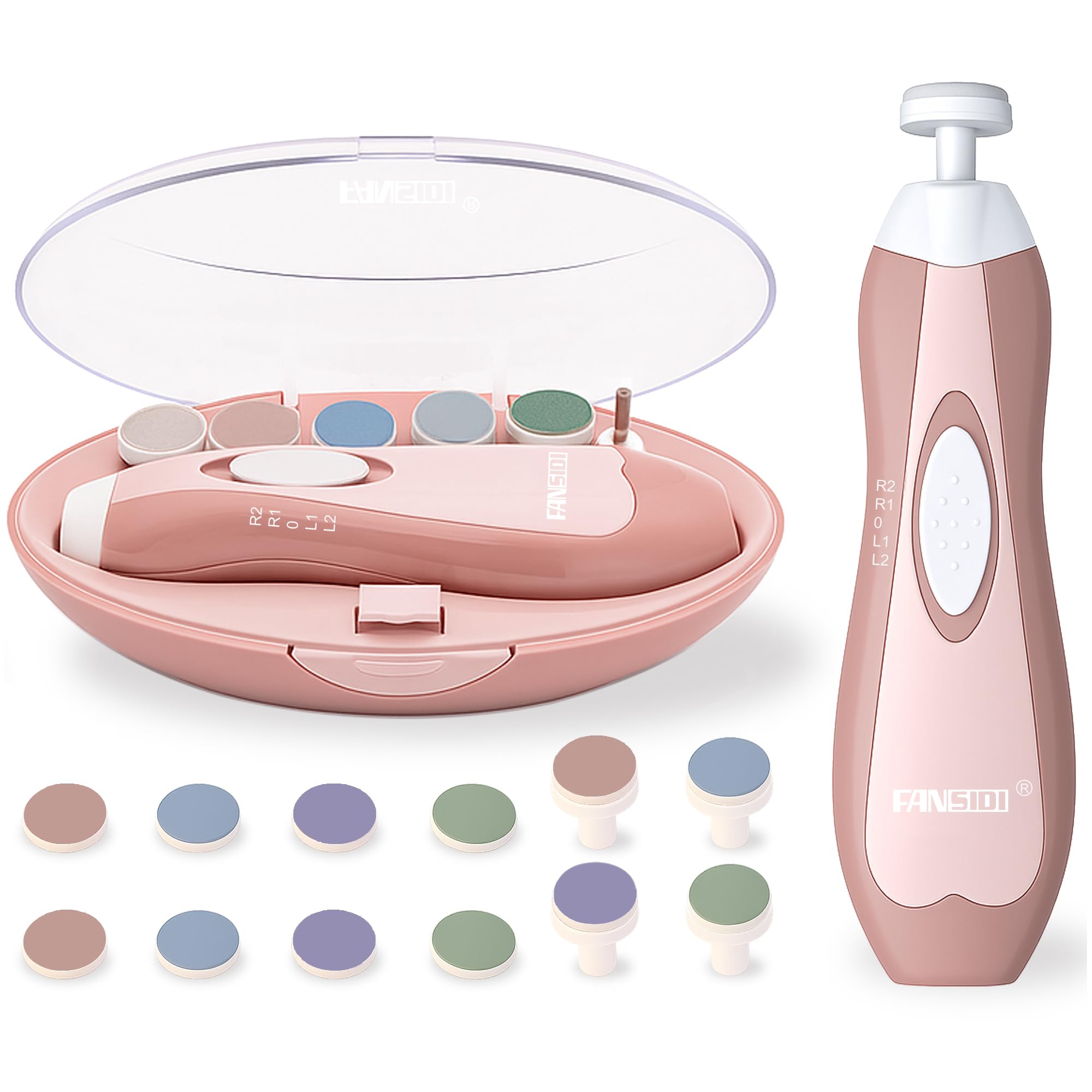 Fansidi electric baby nail trimmer in blush pink with color-coded grinding heads and travel case