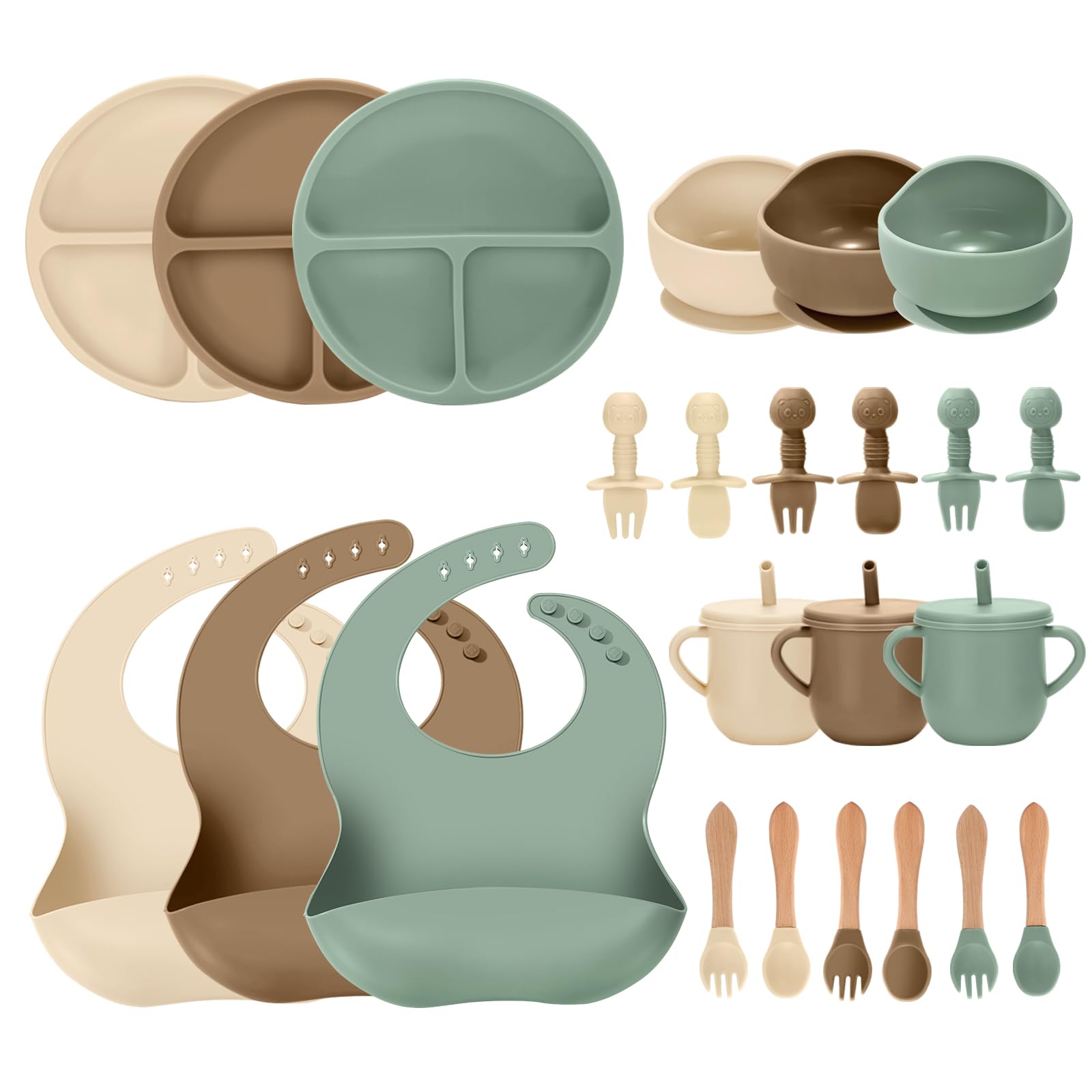 Complete 24-piece silicone baby feeding set with plates, bowls, bibs, and utensils in green, brown, and beige colors