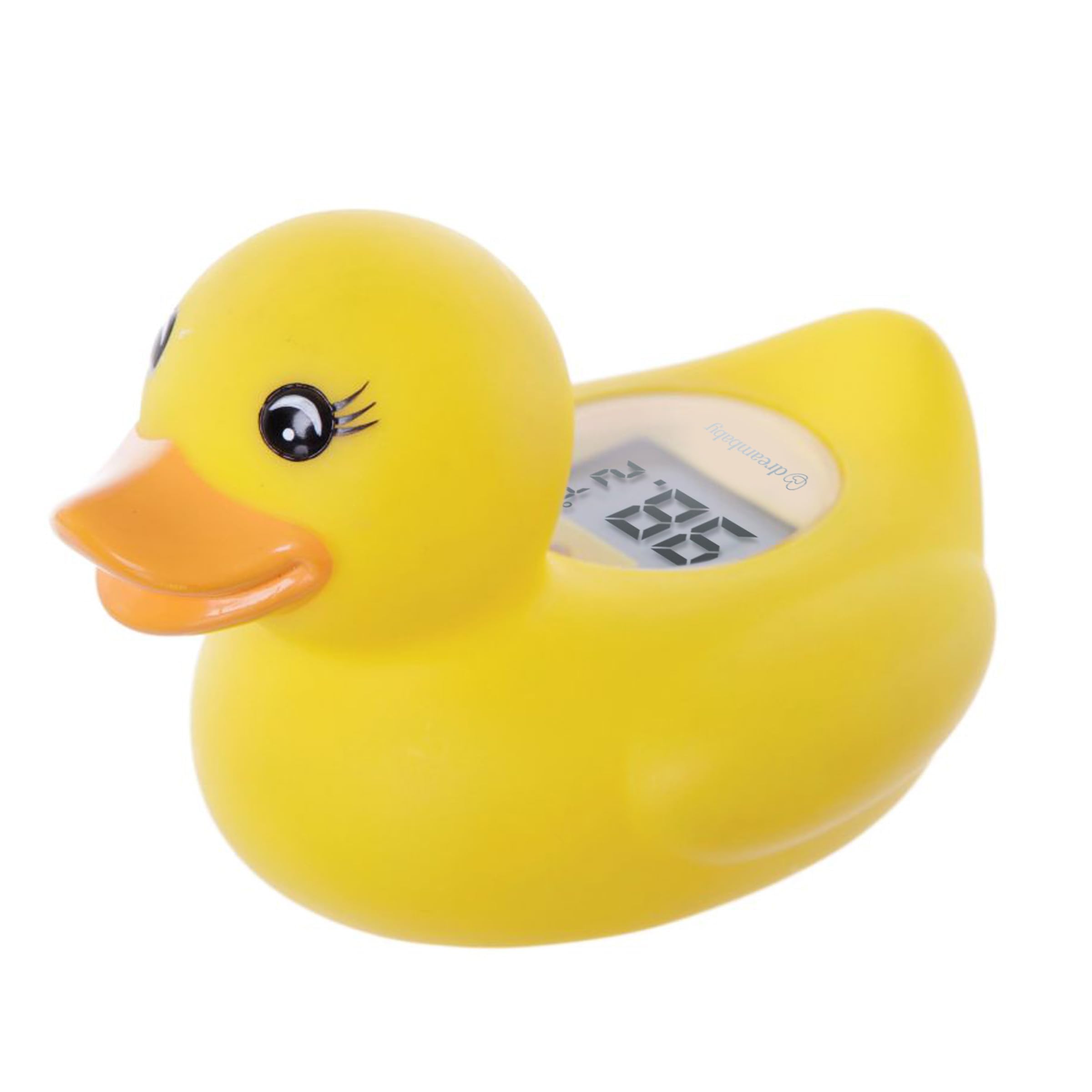 Dreambaby Duck Baby Bath Thermometer floating in bath water with digital display