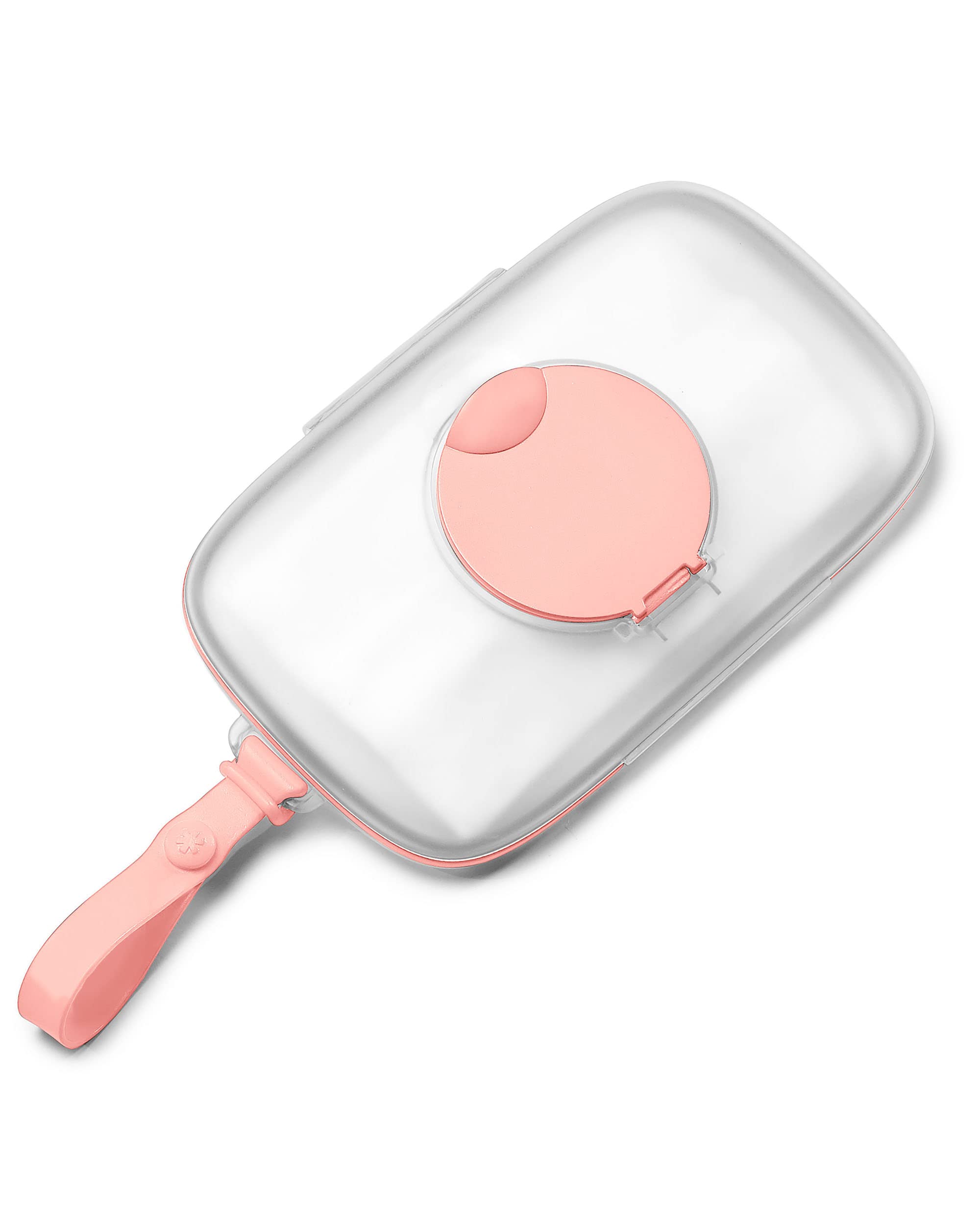 Skip Hop portable wipes case in blush color with translucent design and stroller strap