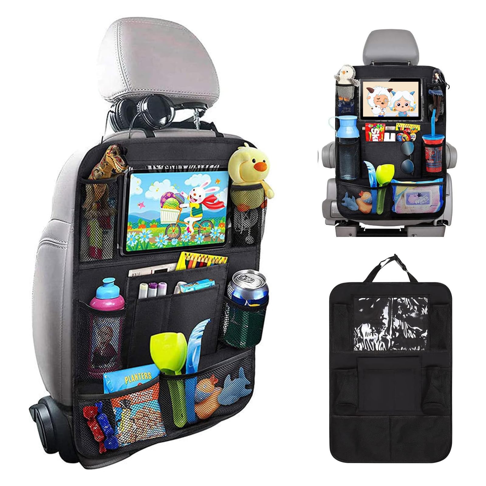 Matenf Backseat Car Organizer mounted on a car seat back showing storage pockets and tablet holder