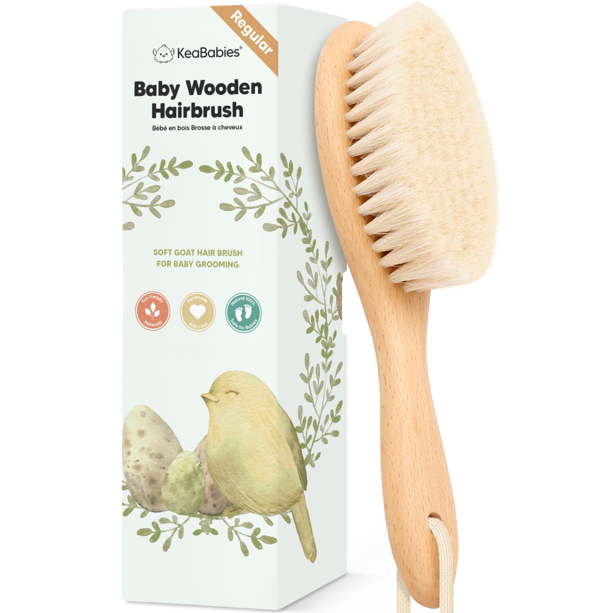 KeaBabies wooden baby hair brush with natural goat bristles for newborn scalp care