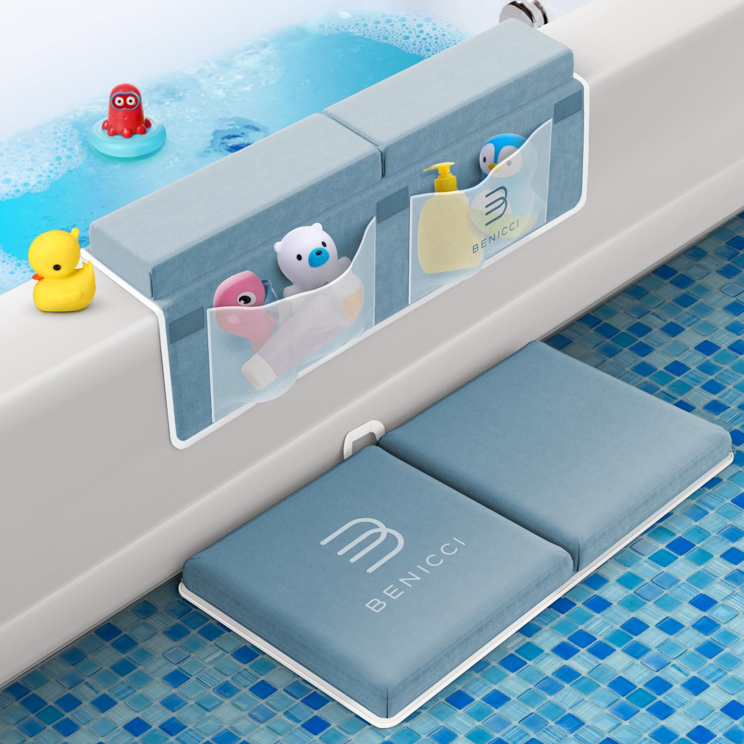 Benicci blue bath kneeler pad with elbow rest and organizer pockets