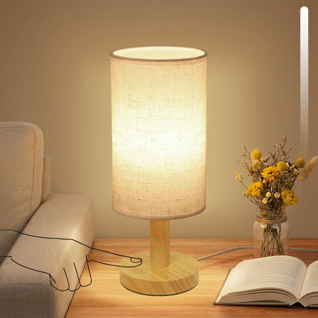 Puzipha touch bedside lamp with wood base and linen shade