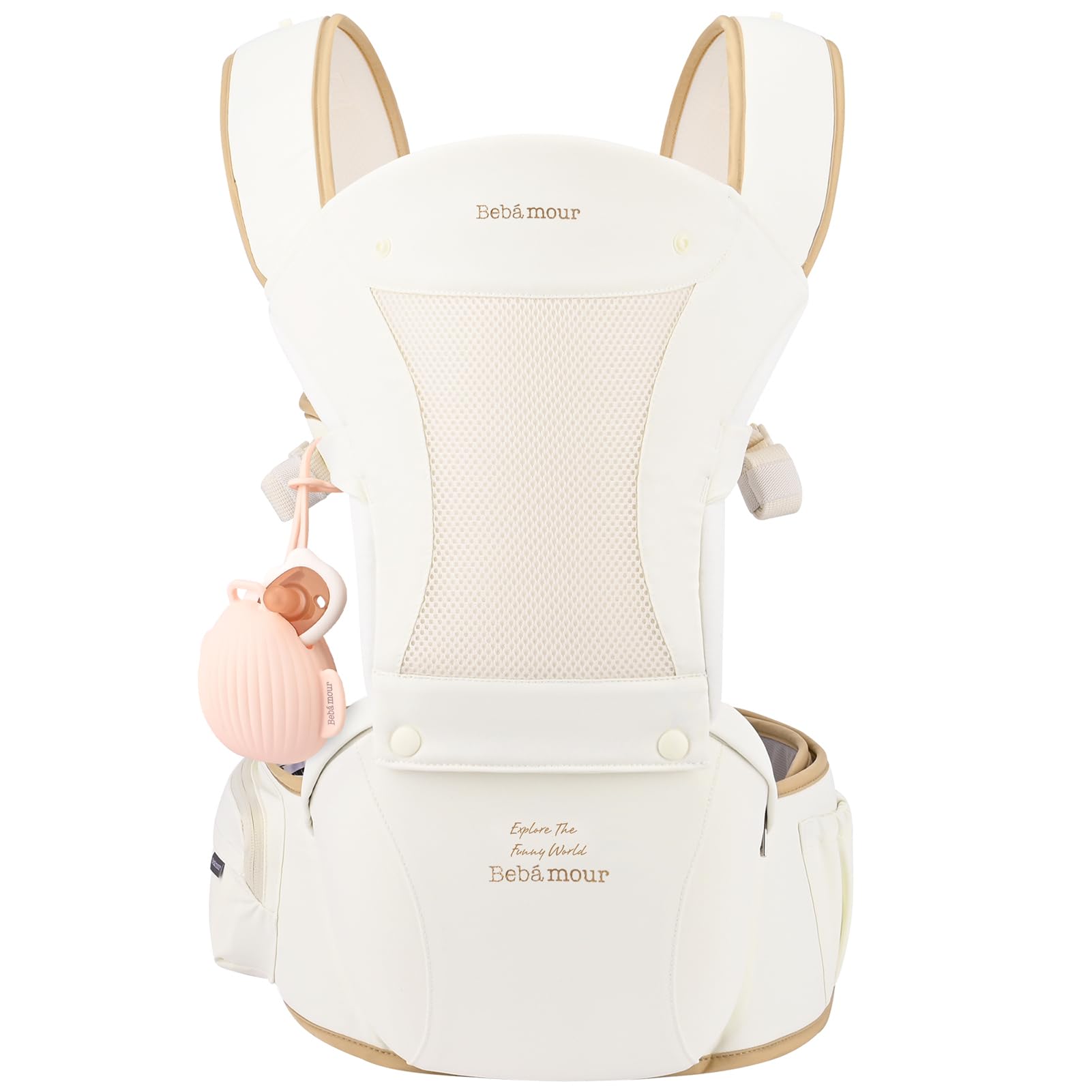 Bebamour ergonomic baby carrier with hip seat in khaki featuring padded straps and storage pouch