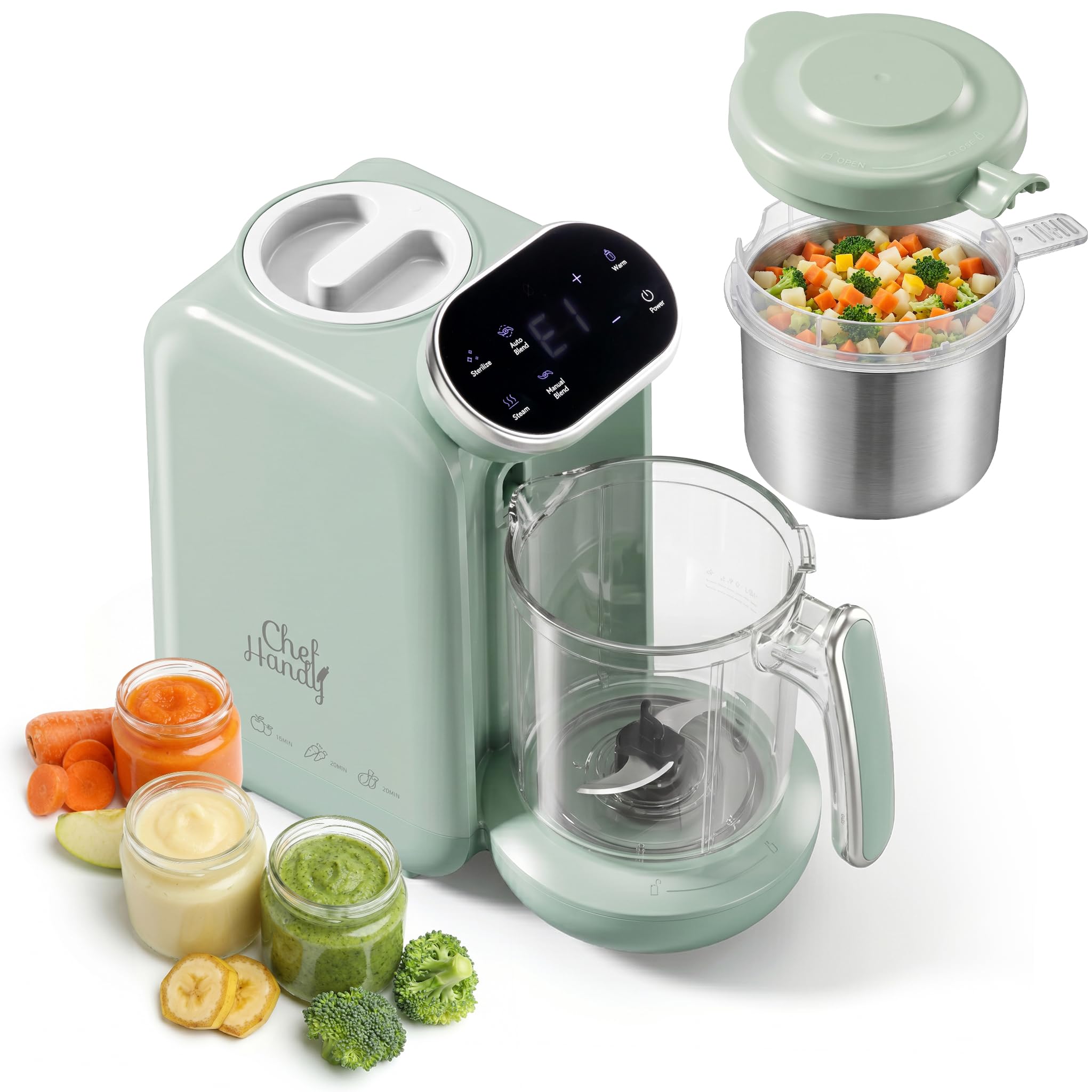 Chefhandy baby food maker with stainless steel steam basket and green blending cup