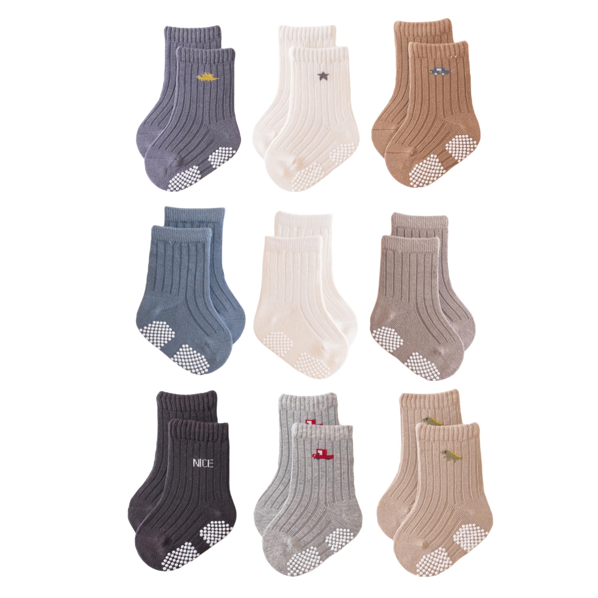 J Poqobog Baby Crew Socks 9-pack with non-slip grips for toddlers