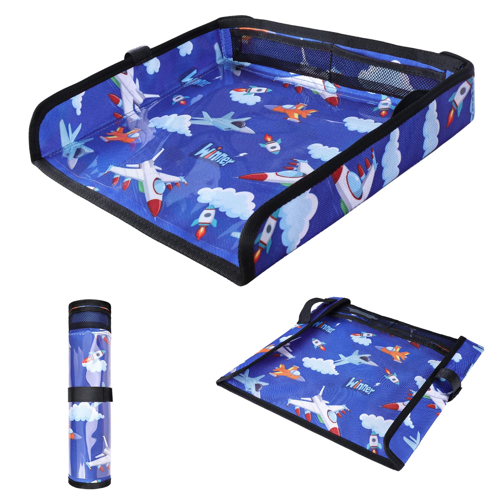 COOLBEBE foldable airplane tray table cover in blue with plane design for toddlers