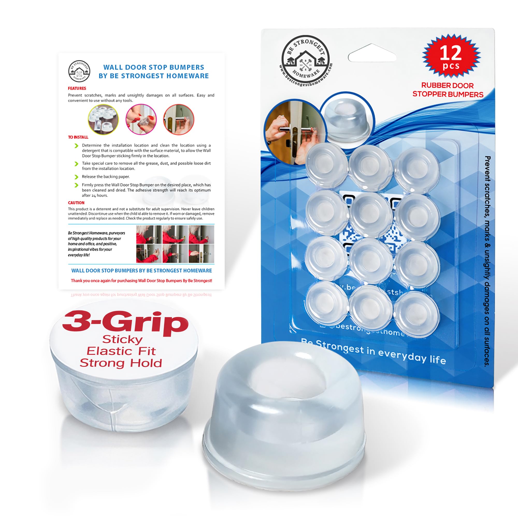 Clear wall-mounted door bumpers protecting walls from doorknob impacts