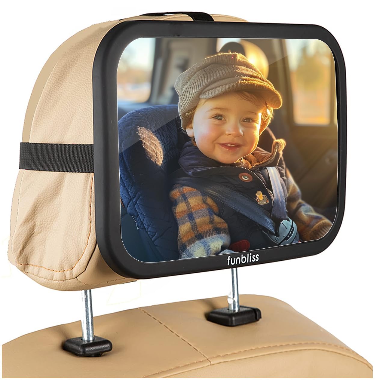 funbliss Baby Car Mirror with anti-vibration straps installed on car headrest