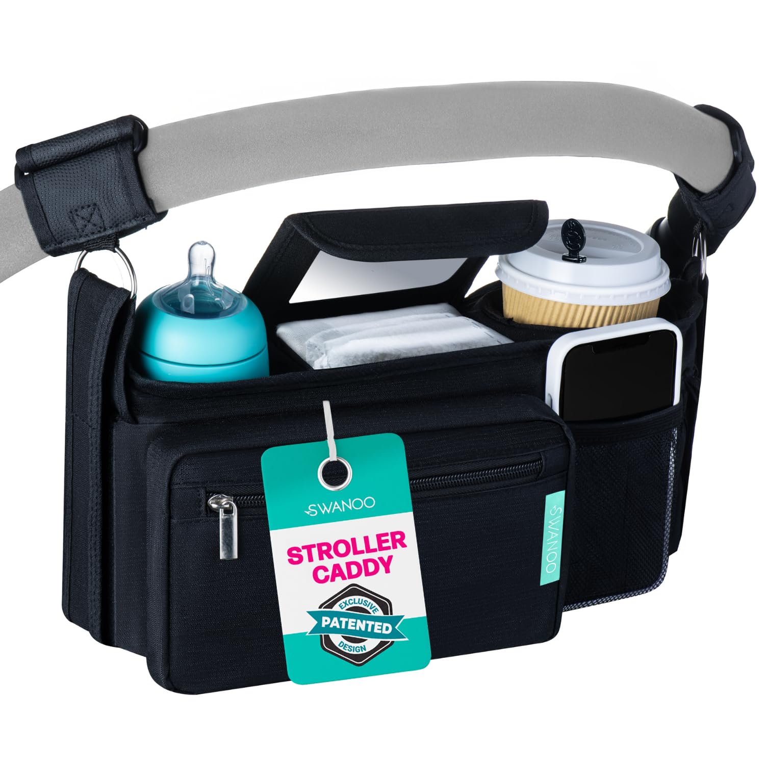Swanoo stroller caddy with pockets and cup holders