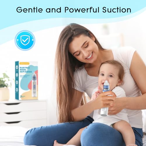 Electric baby nasal aspirator showing multiple suction level controls