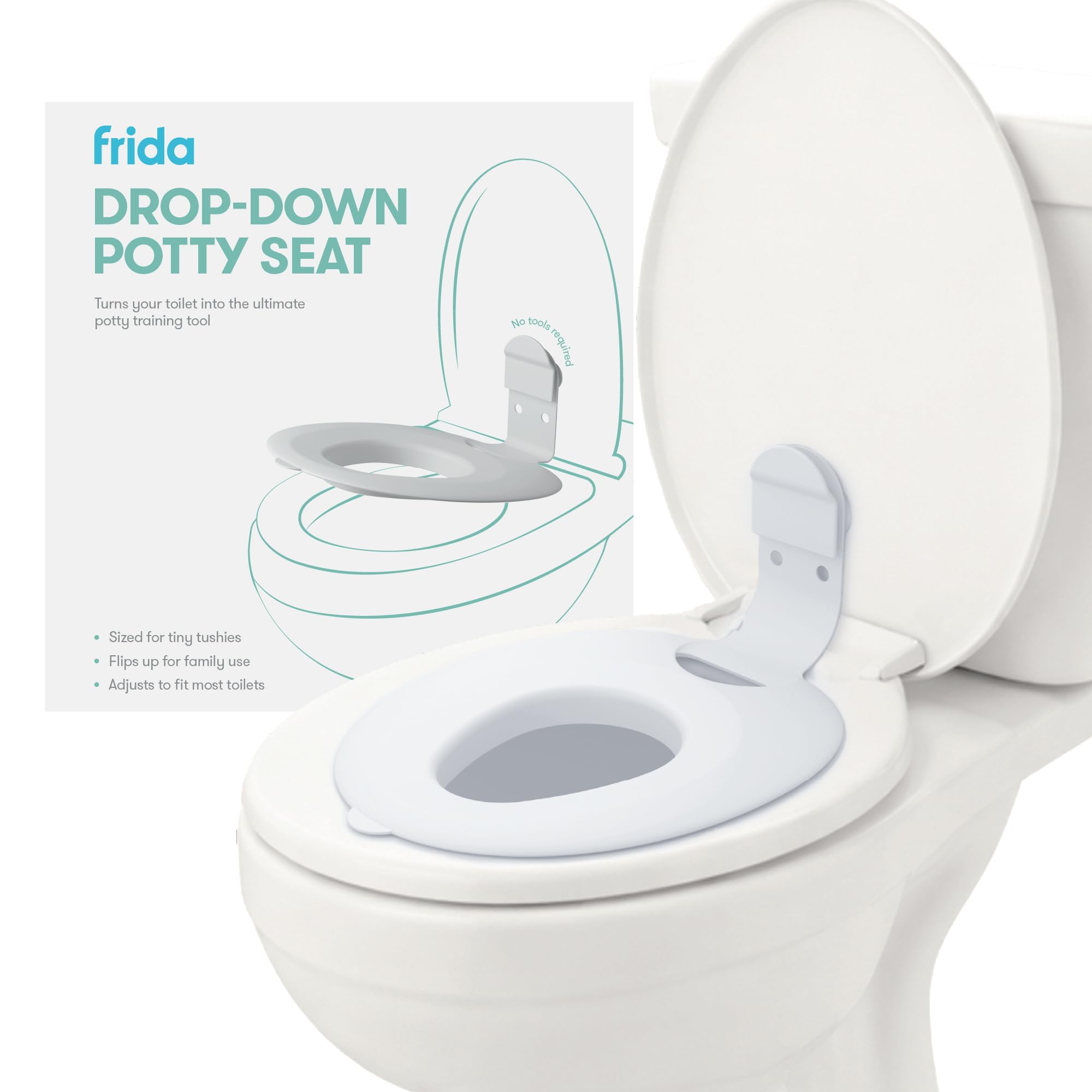 Frida Baby Drop Down Potty Seat attached to adult toilet showing flip-up mechanism