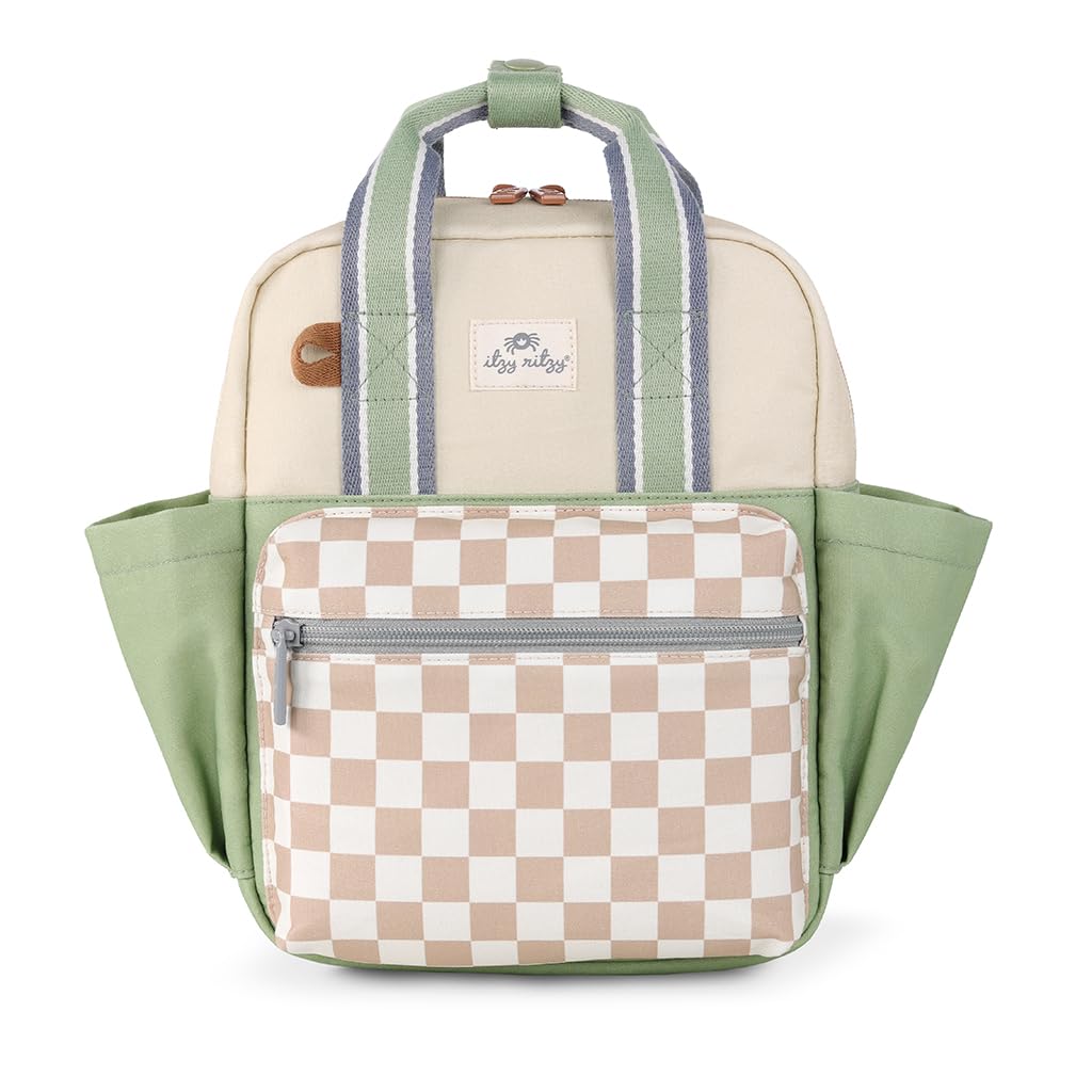 Itzy Ritzy cotton toddler backpack with checkerboard pattern and wipeable interior