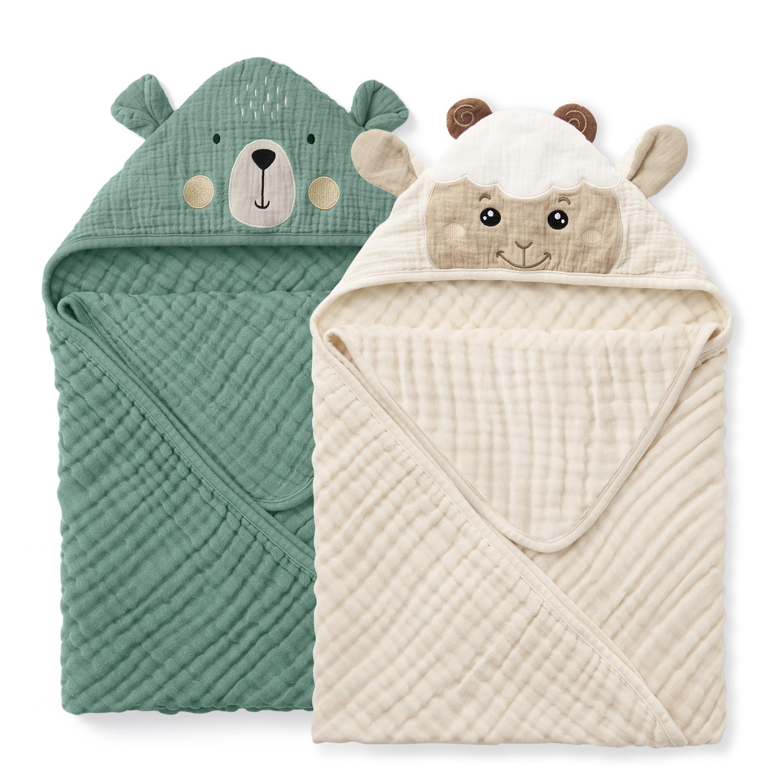 Blissful Diary muslin baby hooded towel with bear and lamb designs