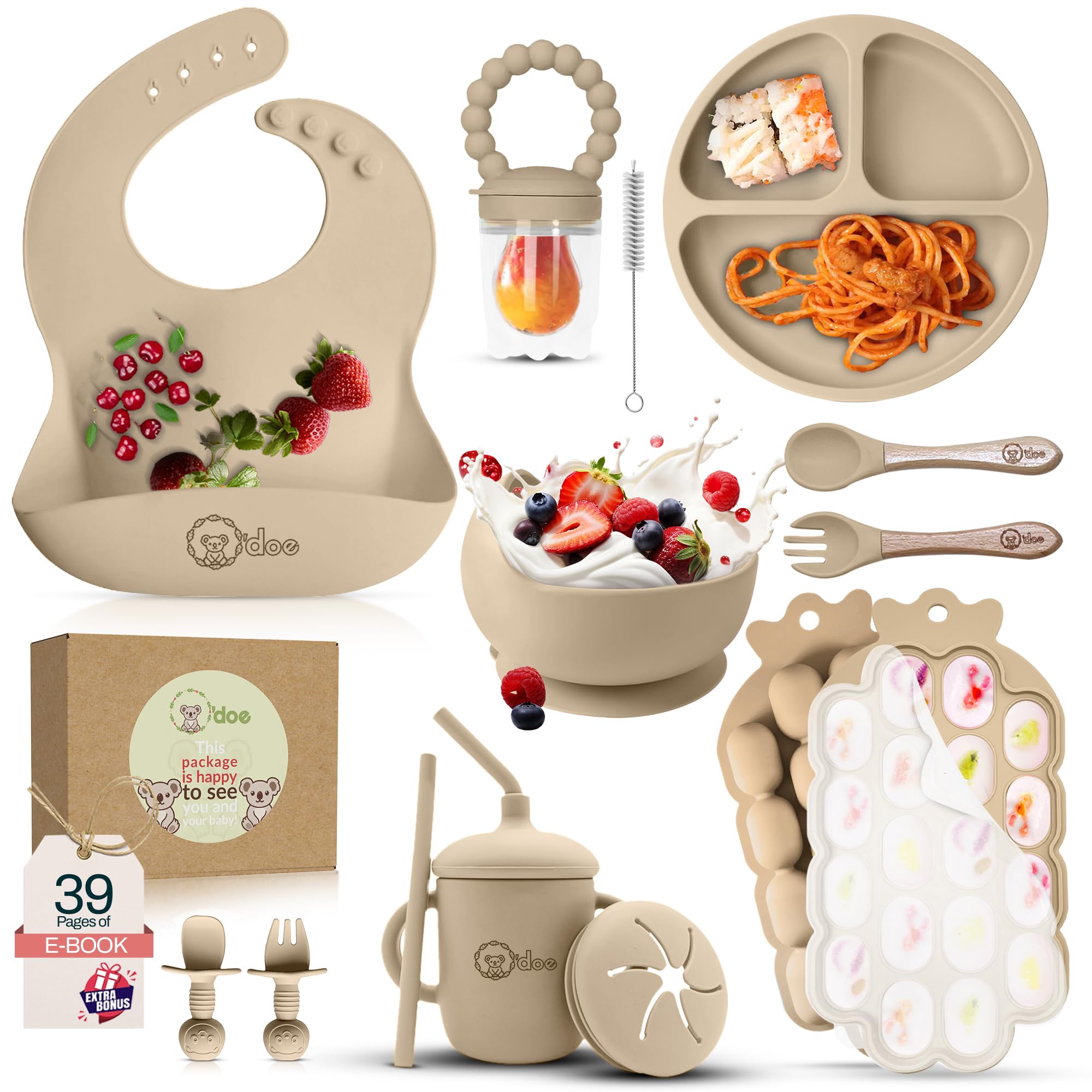 O'doe 15-piece silicone baby weaning feeding set with plate, bowl, bib, and cup