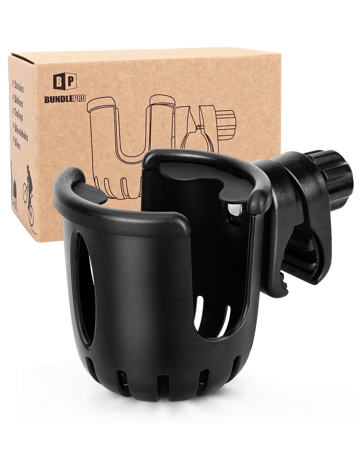 BUNDLEPRO universal cup holder attached to stroller with adjustable clamp and anti-slip silicone gasket