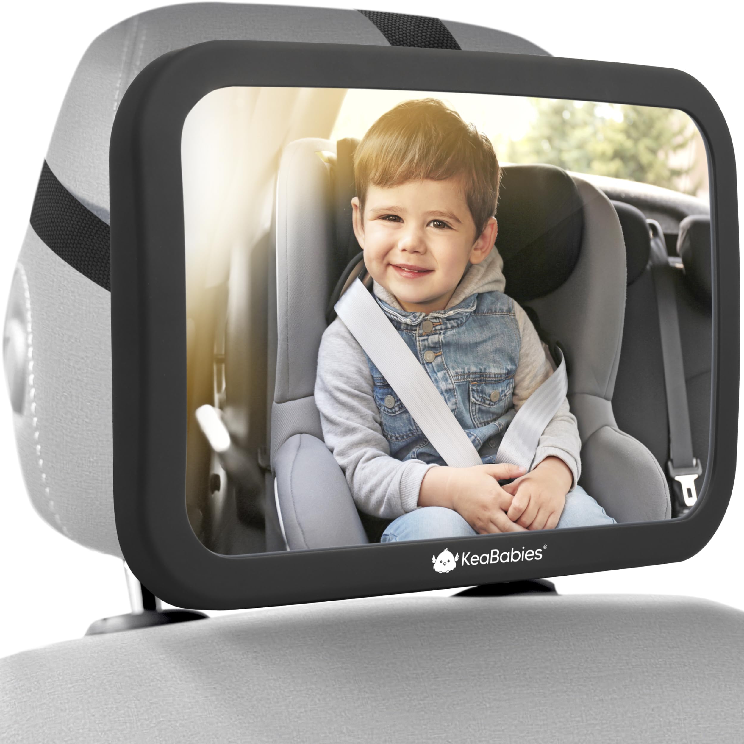 KeaBabies Baby Car Seat Mirror mounted on car headrest showing wide view and shatterproof design