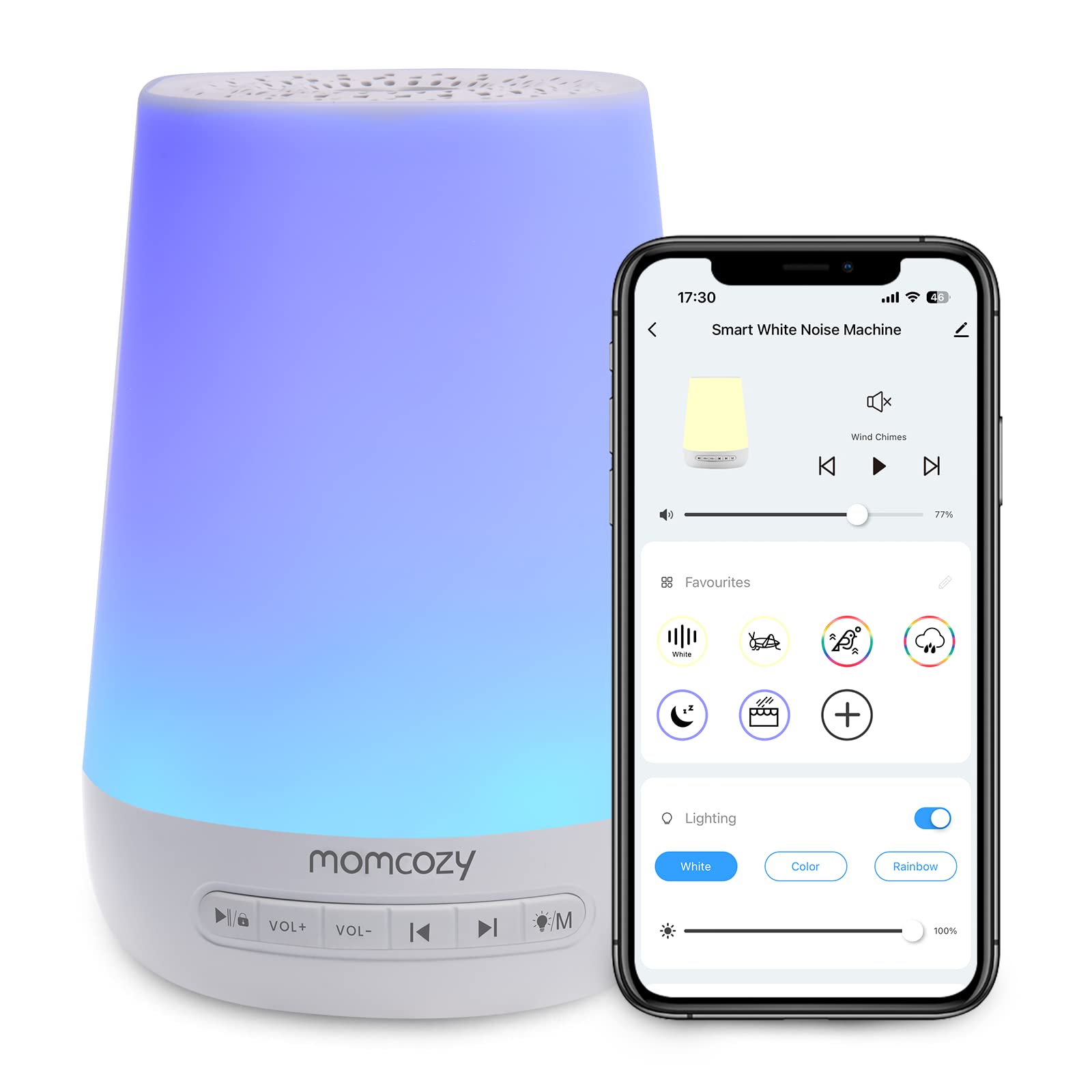Momcozy smart white noise machine with app control and 34 soothing sounds for baby sleep